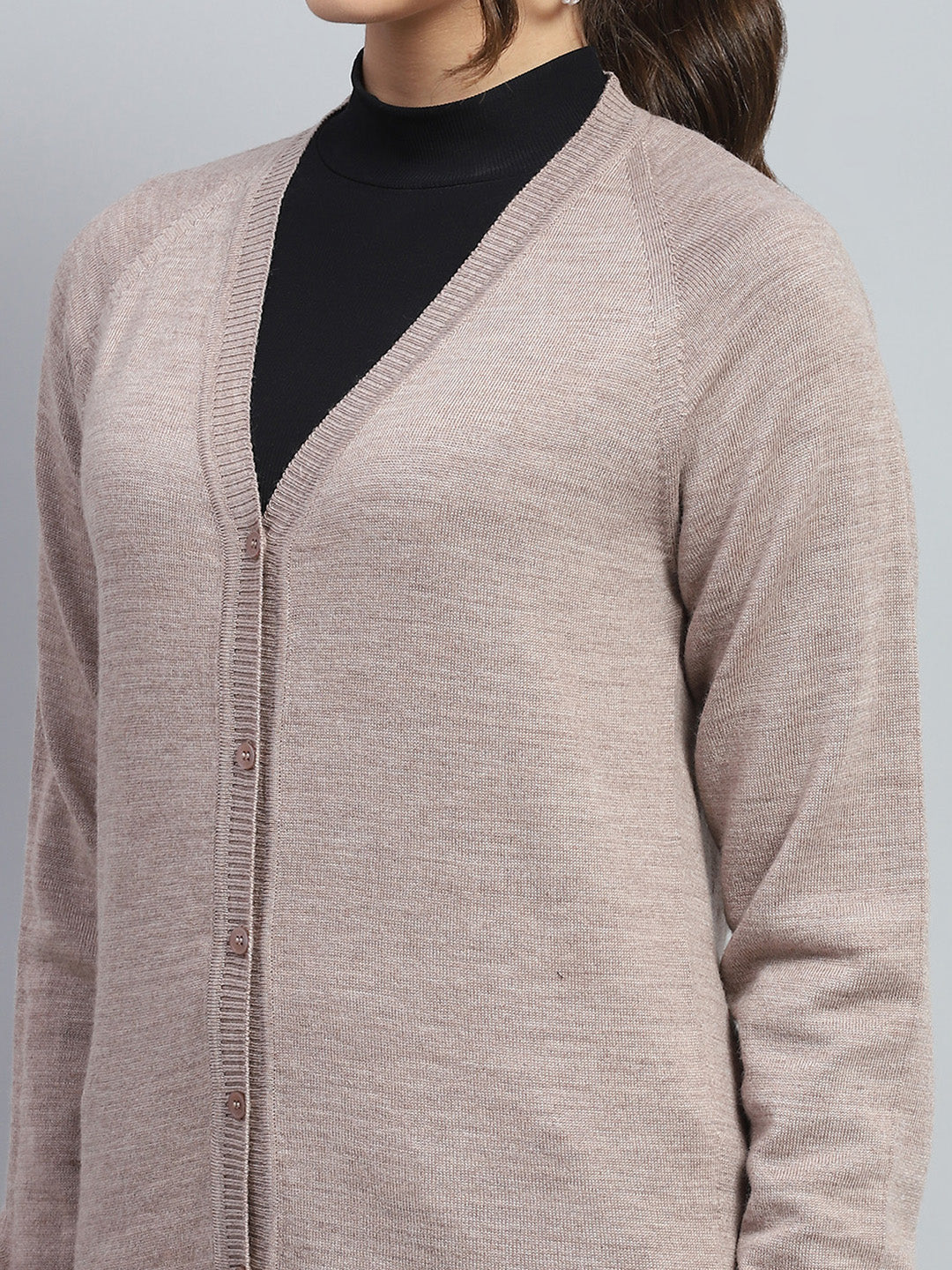 Women Beige Solid Round Neck Full Sleeve Cardigan - Image 6