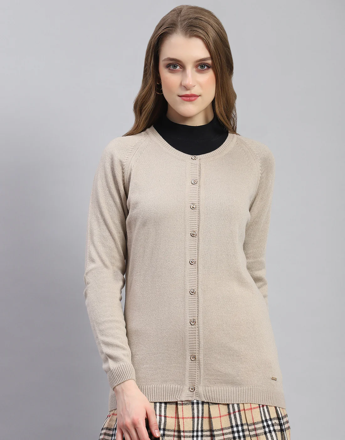 Women Beige Solid Round Neck Full Sleeve Cardigan - Image 2