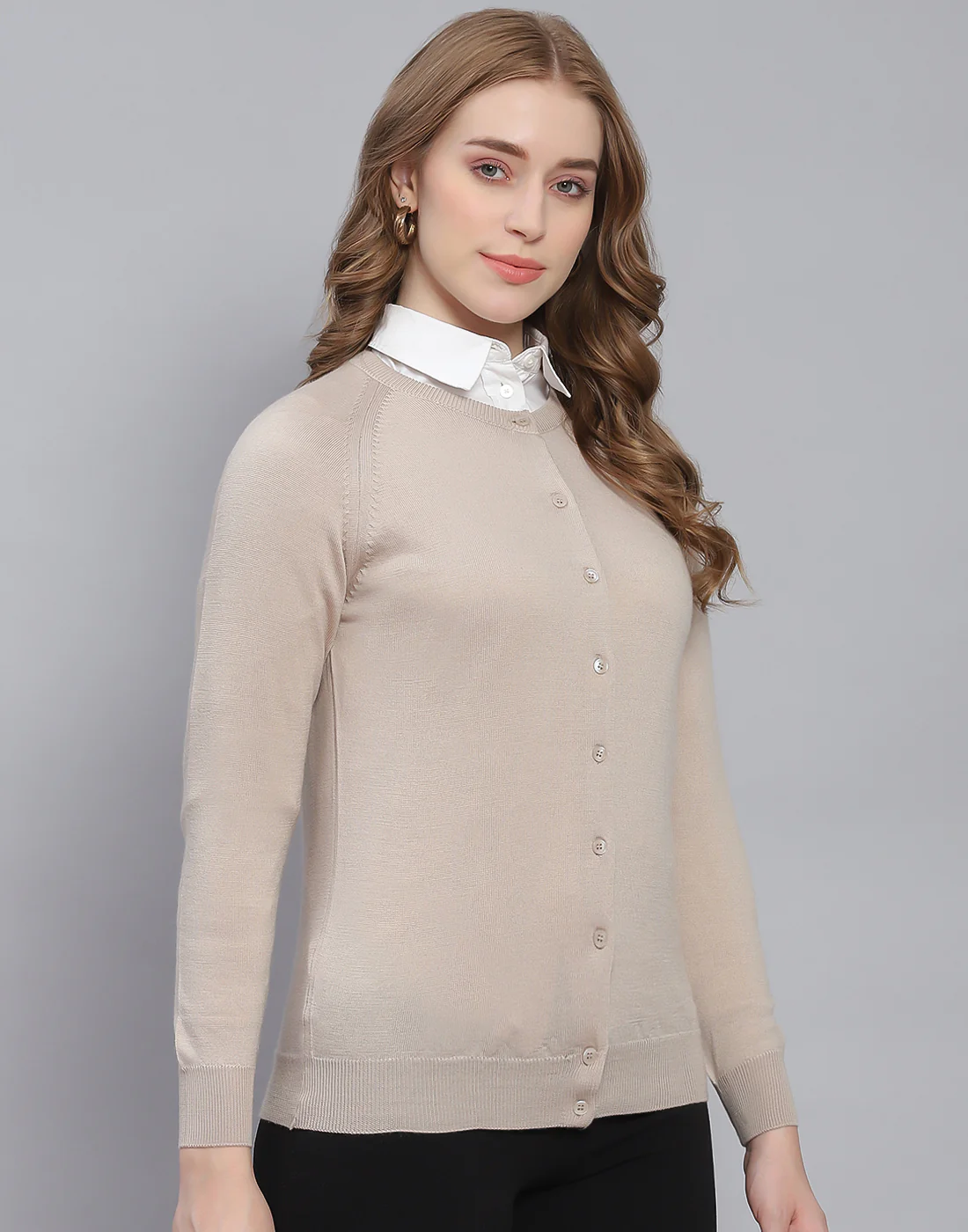 Women Beige Solid Round Neck Full Sleeve Cardigan - Image 4