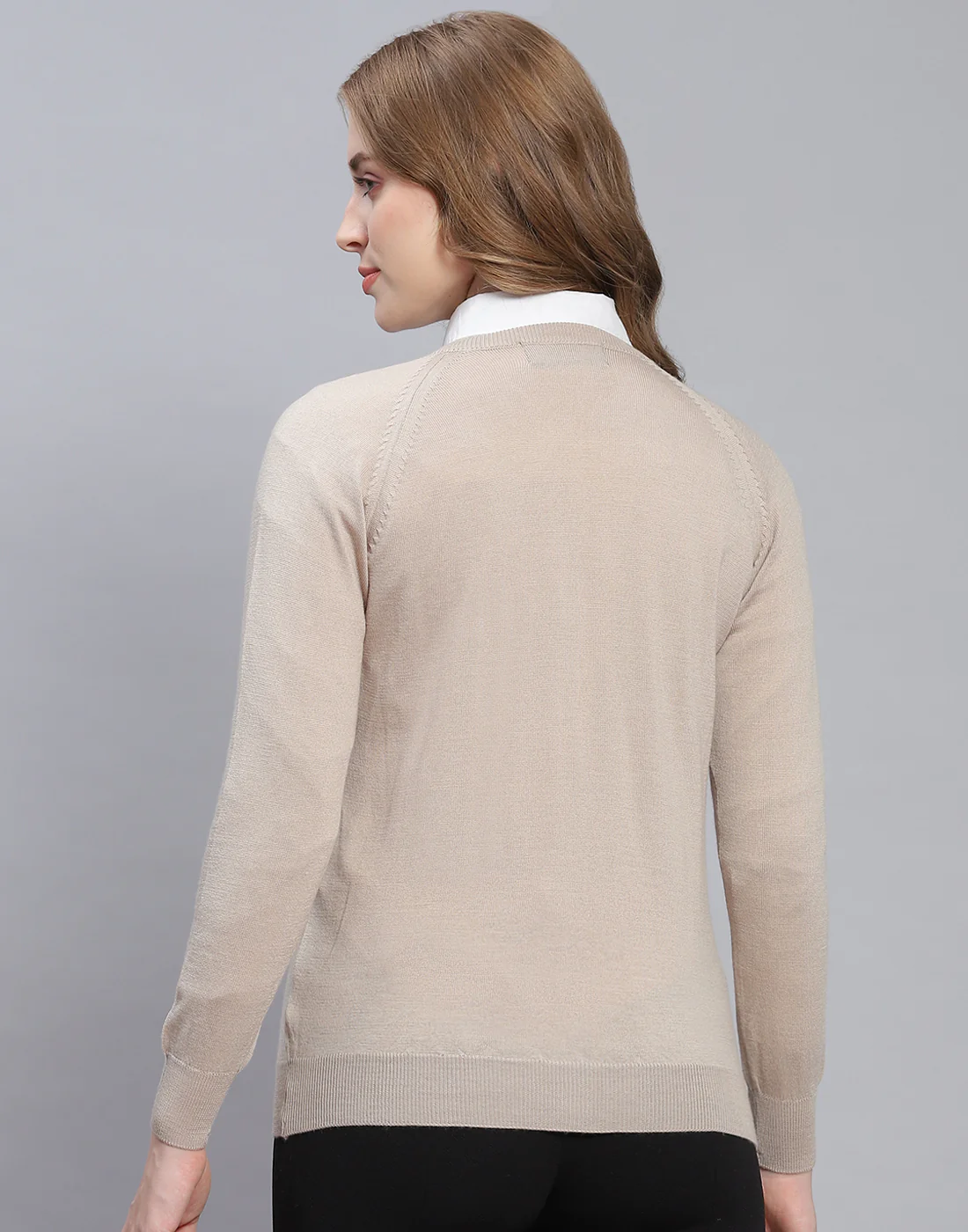 Women Beige Solid Round Neck Full Sleeve Cardigan - Image 5