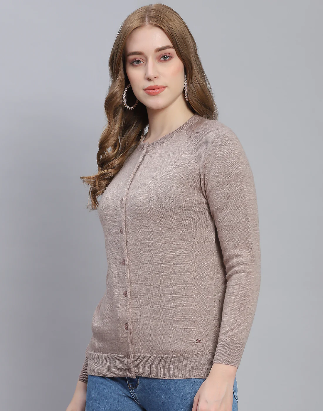 Women Beige Solid Round Neck Full Sleeve Cardigan - Image 3