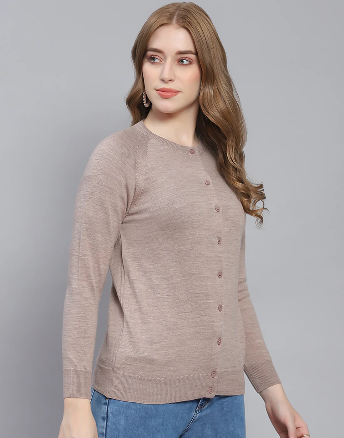 Women Beige Solid Round Neck Full Sleeve Cardigan - Image 4