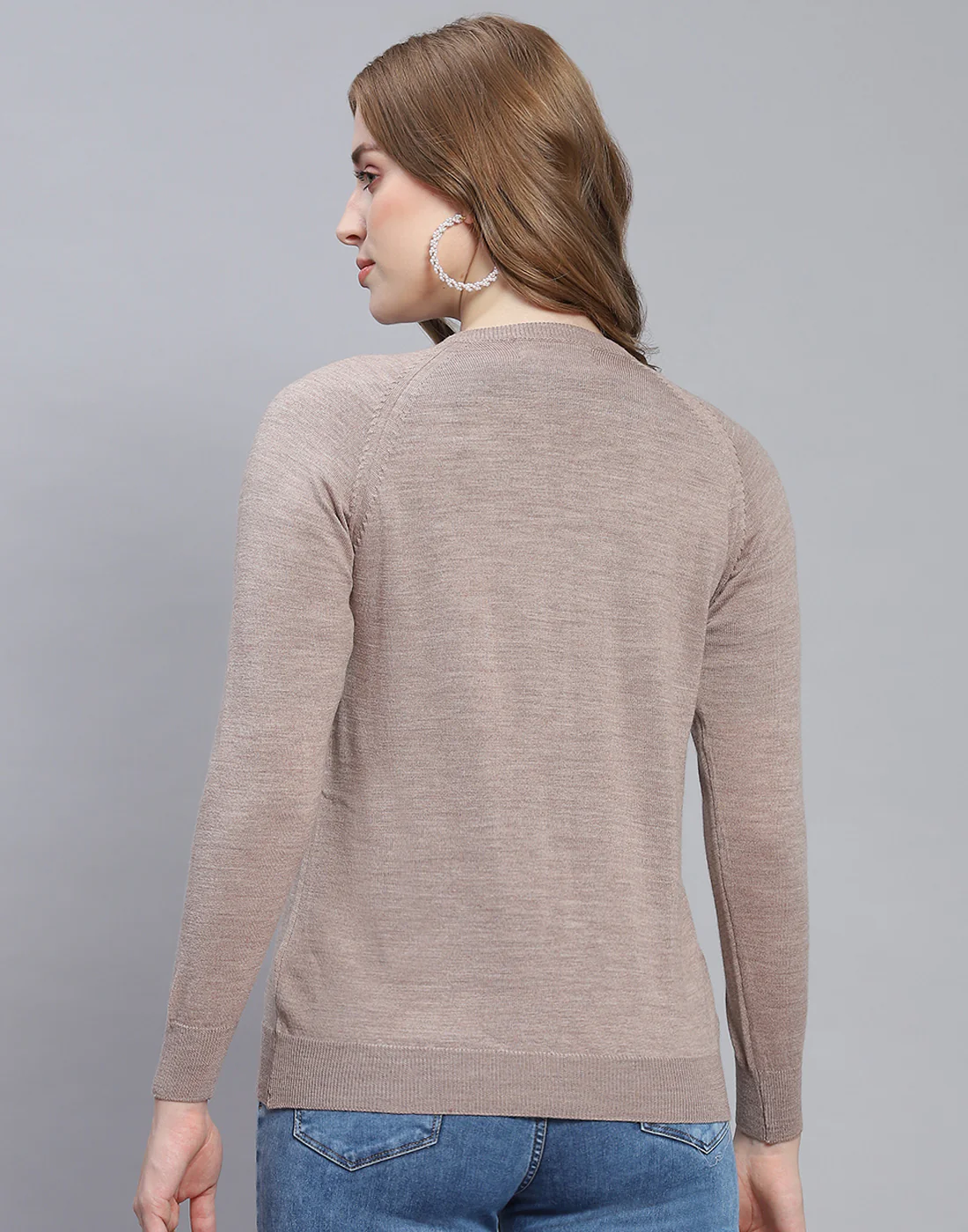 Women Beige Solid Round Neck Full Sleeve Cardigan - Image 5