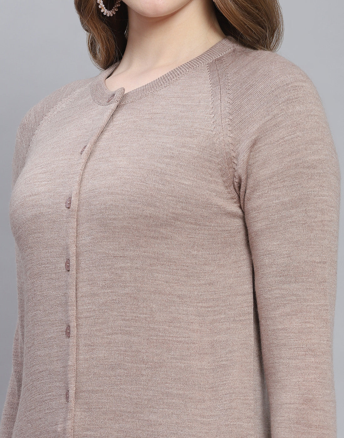 Women Beige Solid Round Neck Full Sleeve Cardigan - Image 6