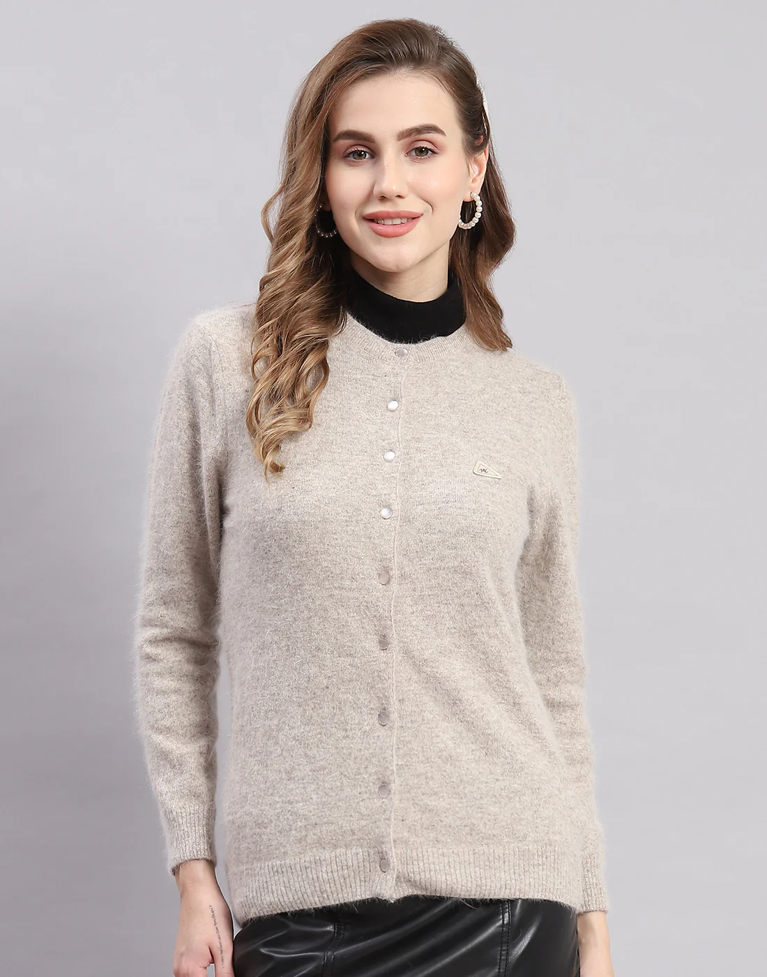 Women Beige Solid Round Neck Full Sleeve Cardigan - Image 2
