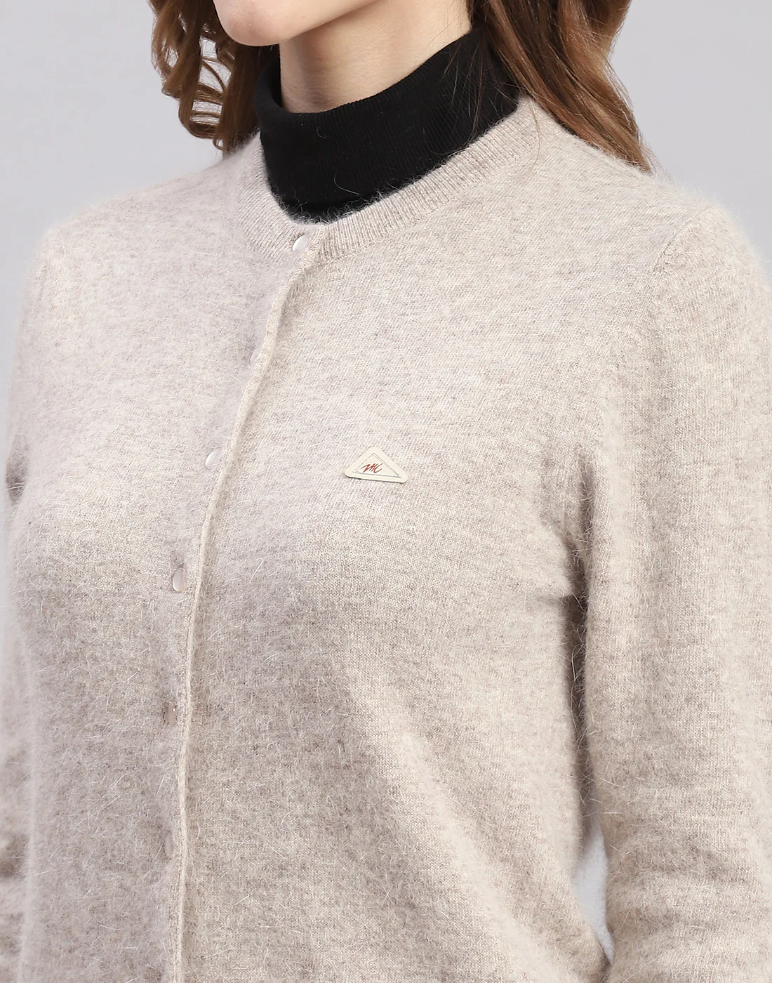 Women Beige Solid Round Neck Full Sleeve Cardigan - Image 6
