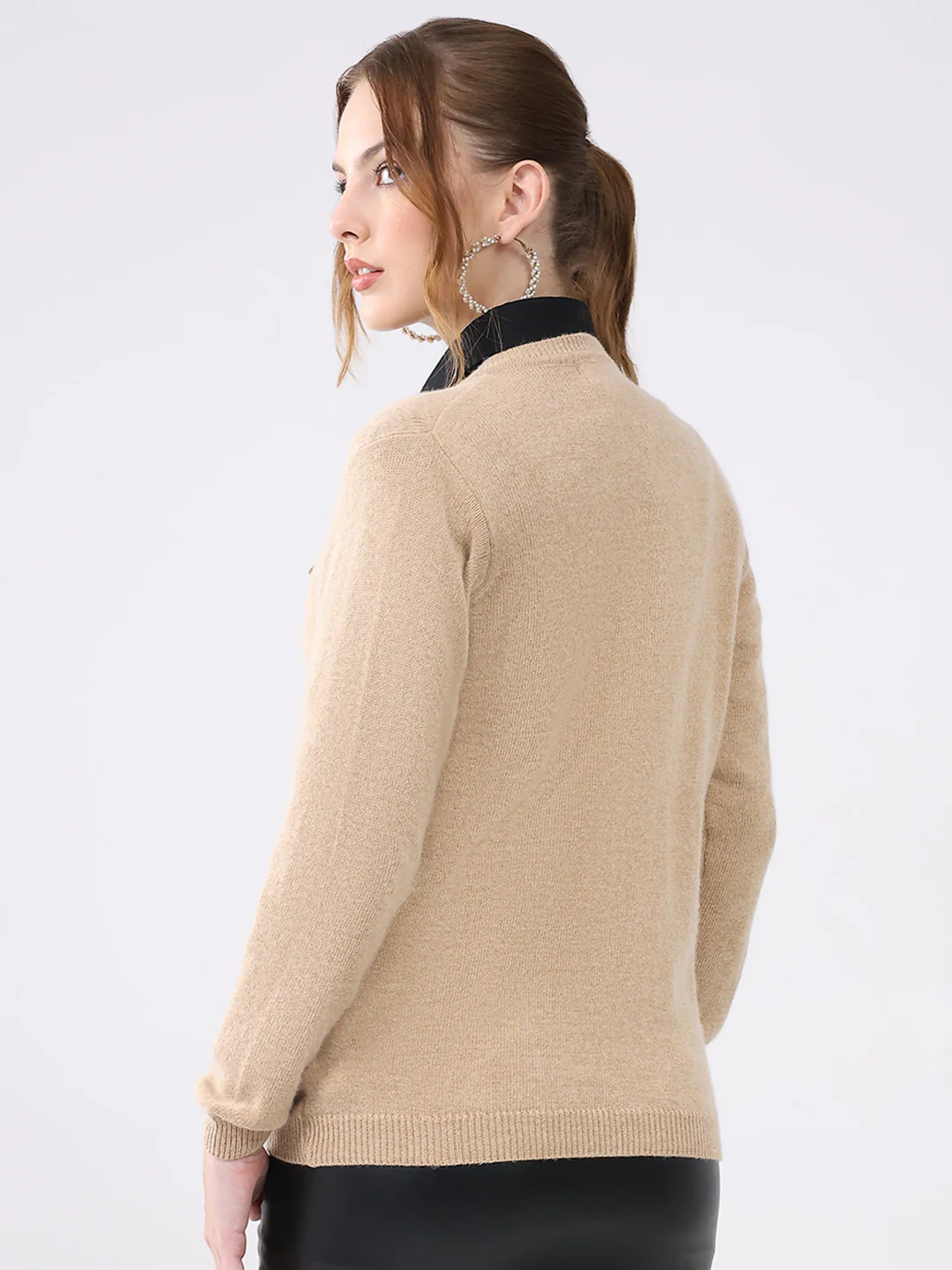Women Beige Solid Round Neck Full Sleeve Cardigan - Image 5