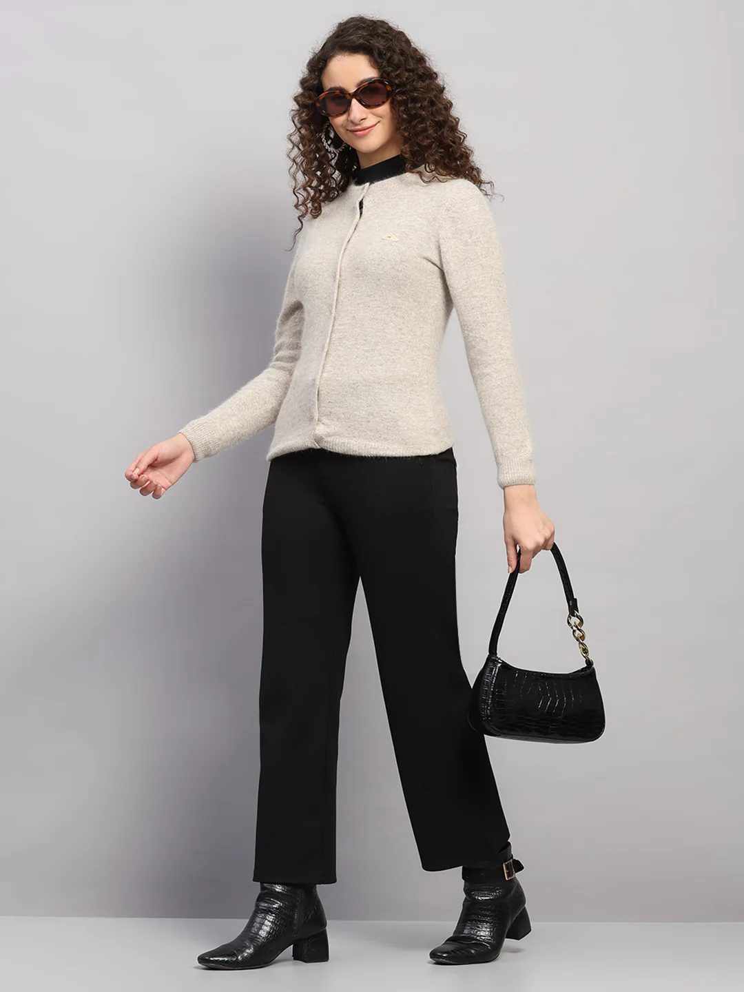 Women Beige Solid Round Neck Full Sleeve Cardigan - Image 2