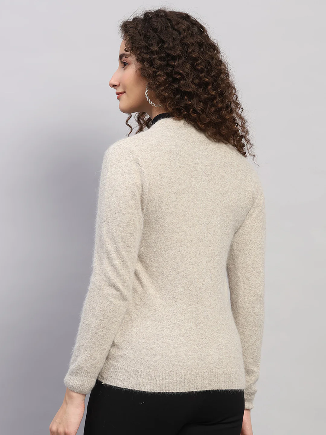 Women Beige Solid Round Neck Full Sleeve Cardigan - Image 5