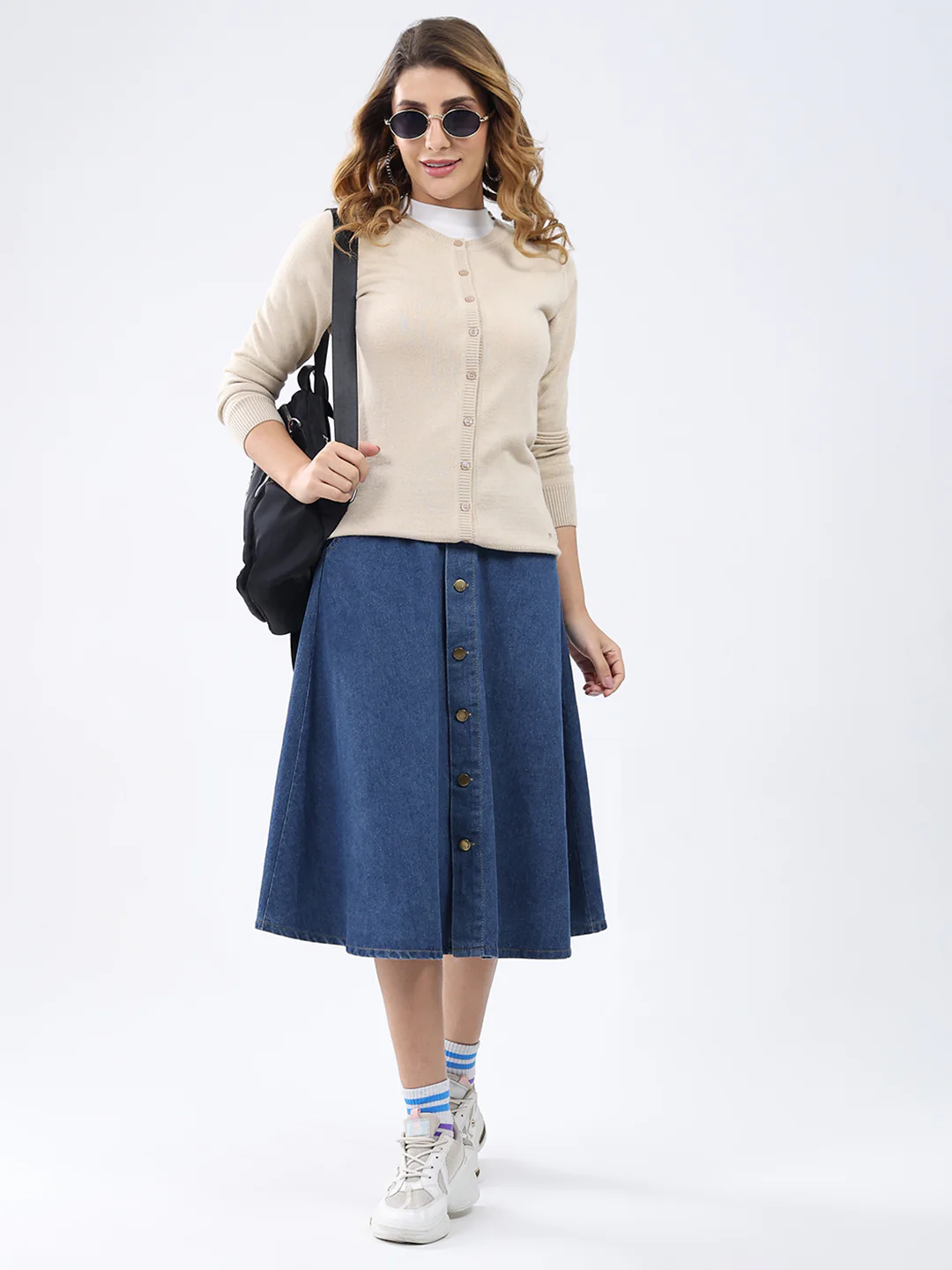Women Beige Solid Round Neck Full Sleeve Cardigan - Image 2