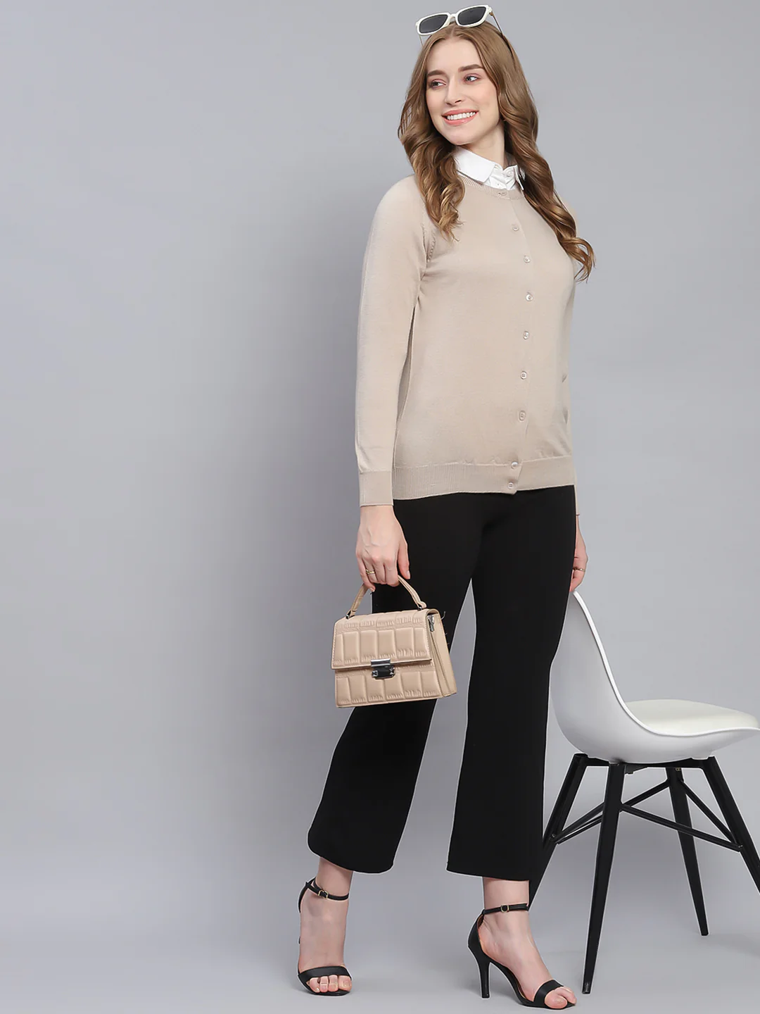 Women Beige Solid Round Neck Full Sleeve Cardigans - Image 2