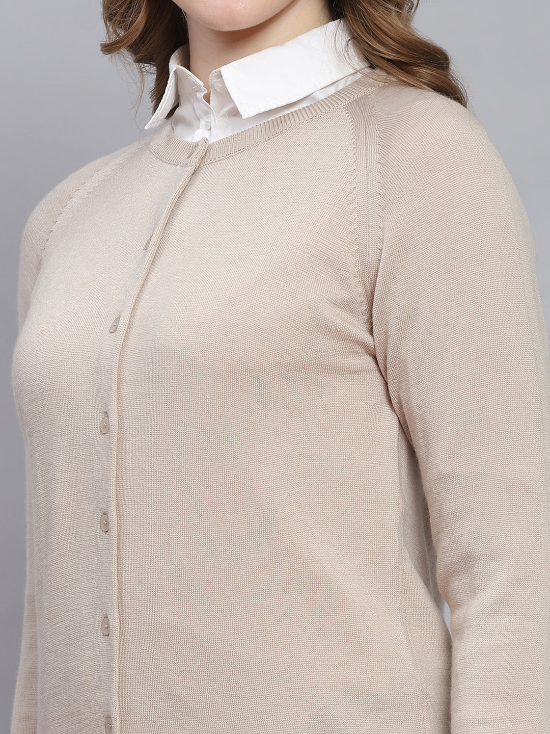 Women Beige Solid Round Neck Full Sleeve Cardigans - Image 6