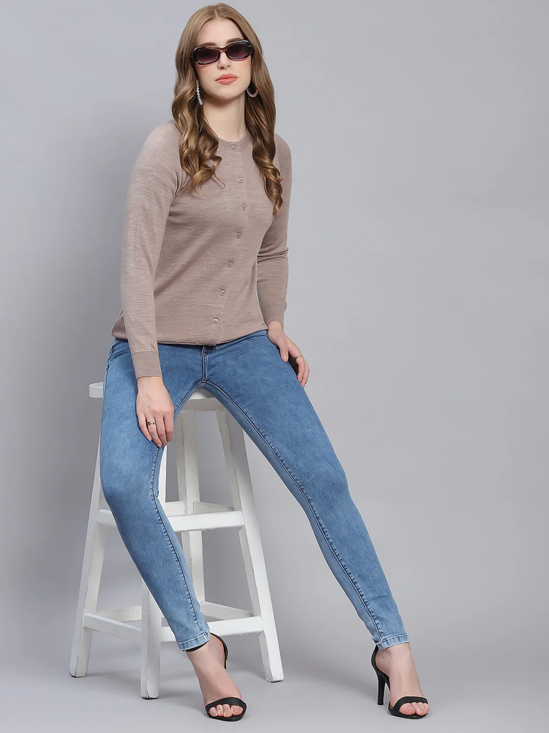 Women Beige Solid Round Neck Full Sleeve Cardigans - Image 2