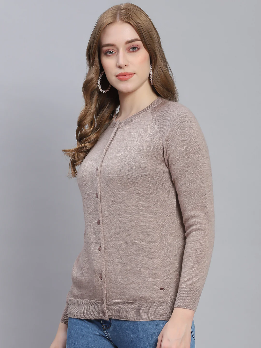 Women Beige Solid Round Neck Full Sleeve Cardigans - Image 3