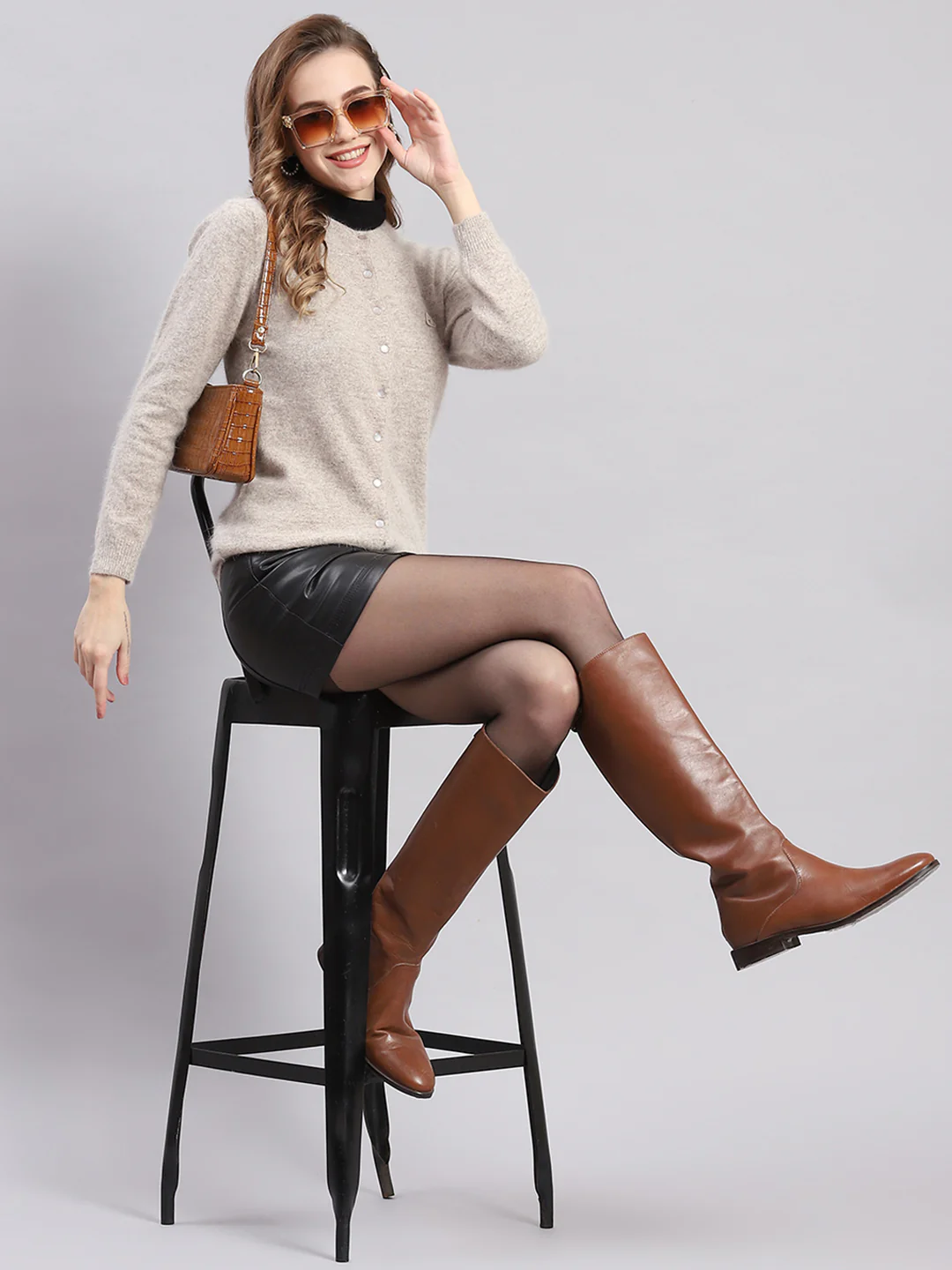 Women Beige Solid Round Neck Full Sleeve Cardigans - Image 2