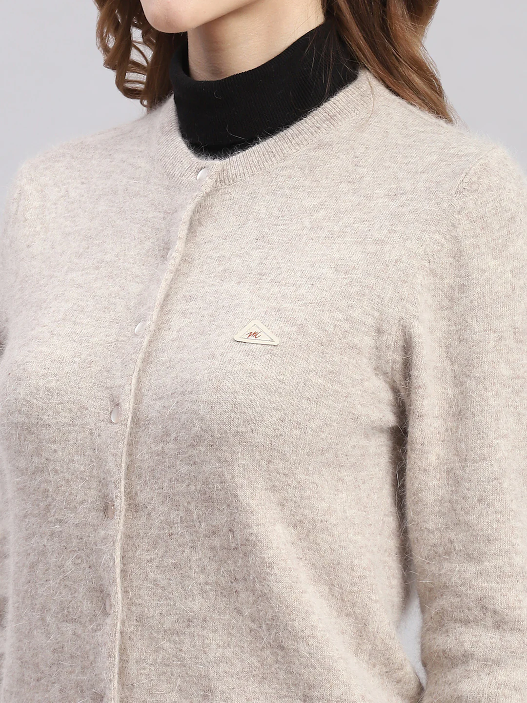 Women Beige Solid Round Neck Full Sleeve Cardigans - Image 6