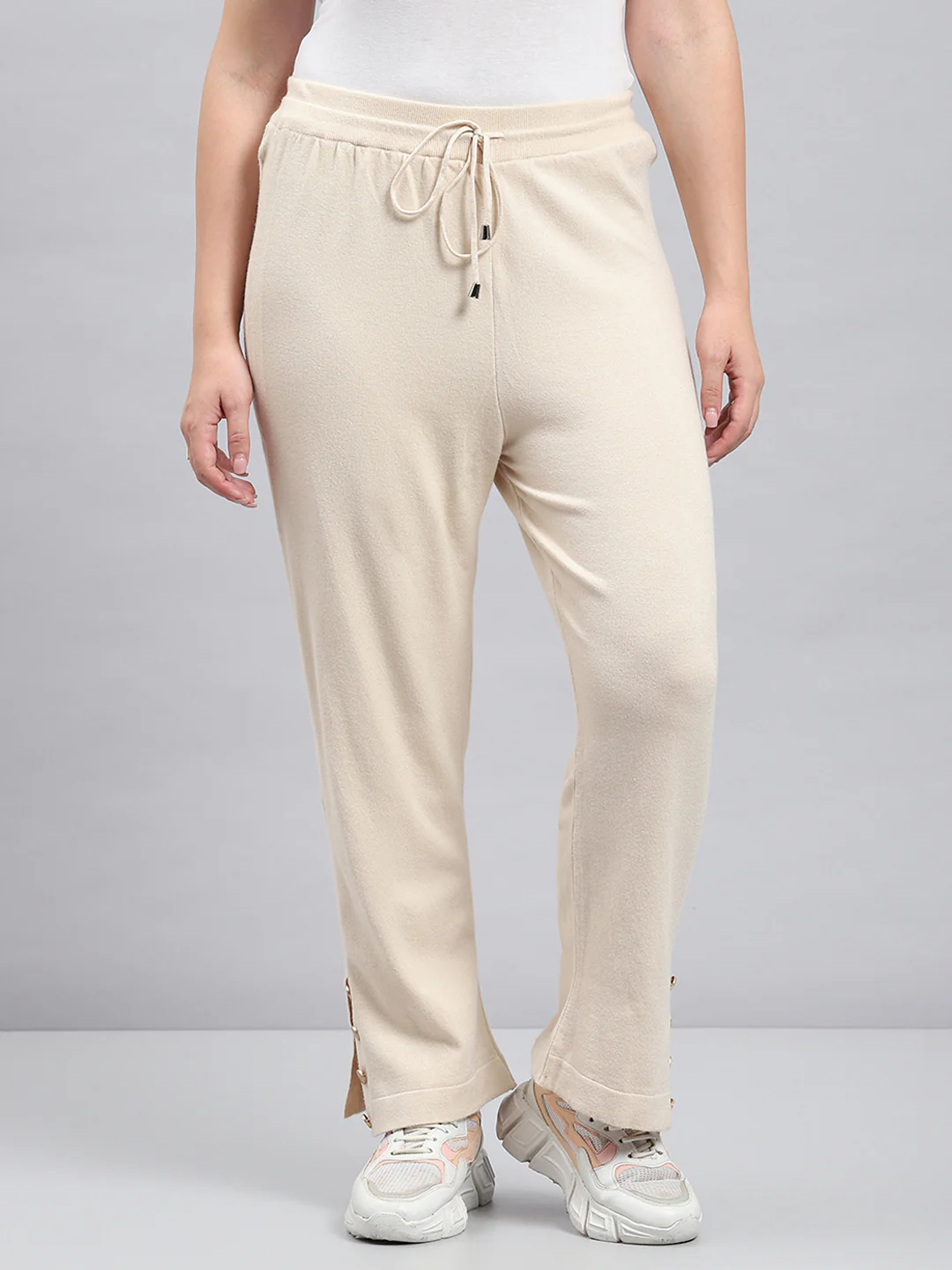 Women Beige Solid Round Neck Full Sleeve Cords Set - Image 7