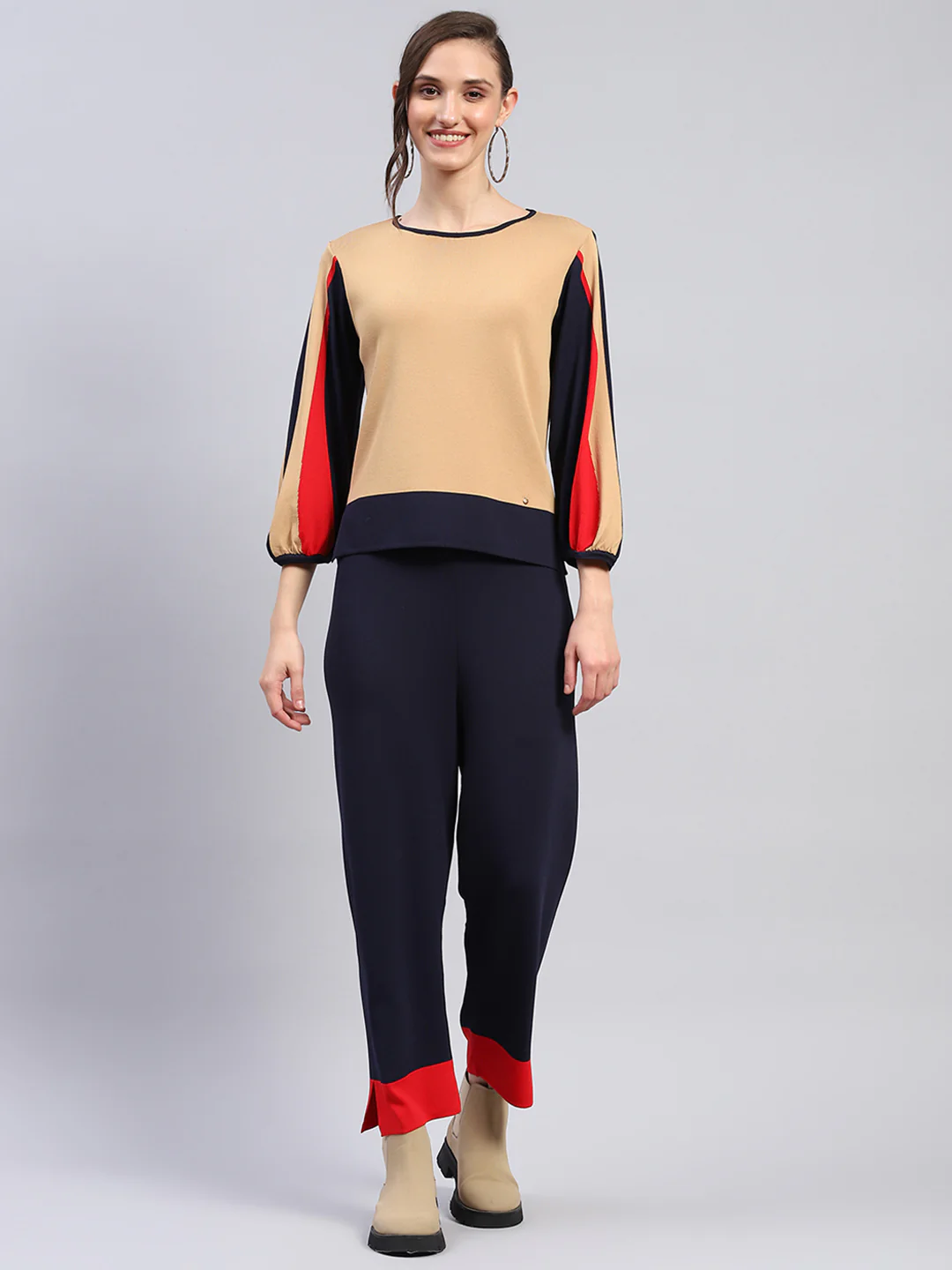 Women Beige Solid Round Neck Full Sleeve Cords Set - Image 3