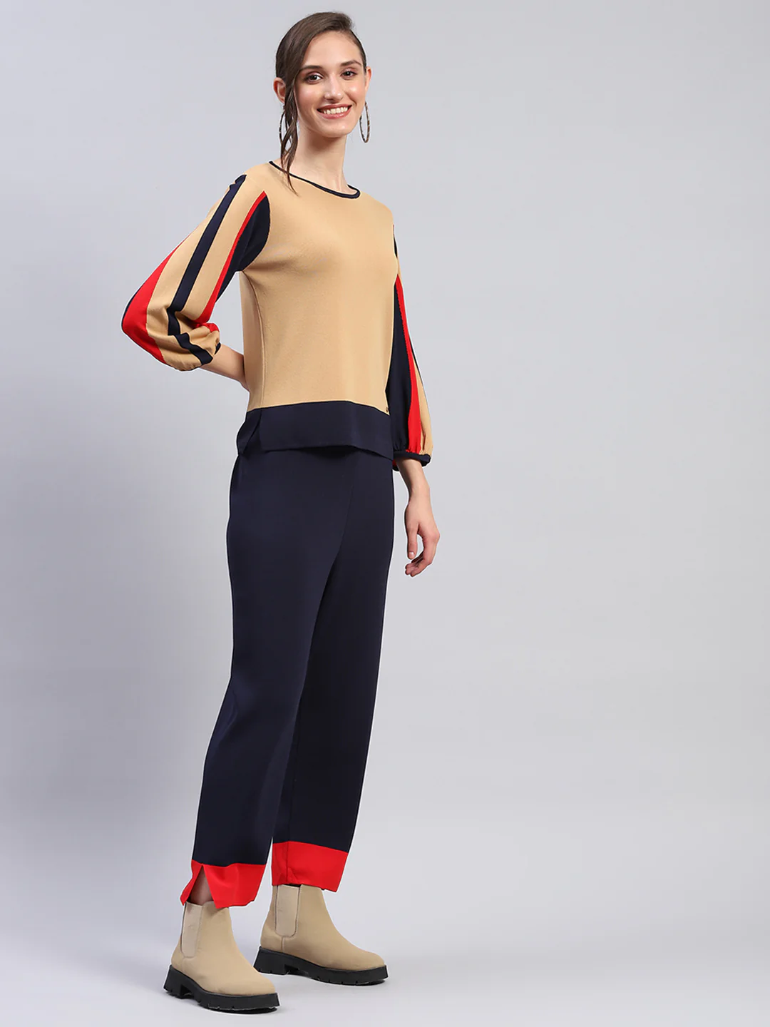 Women Beige Solid Round Neck Full Sleeve Cords Set - Image 5