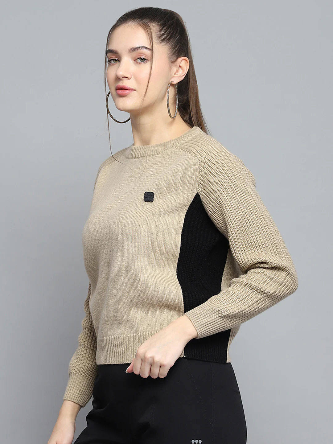 Rock.it Women Beige Solid Round Neck Full Sleeve Pullover - Image 3