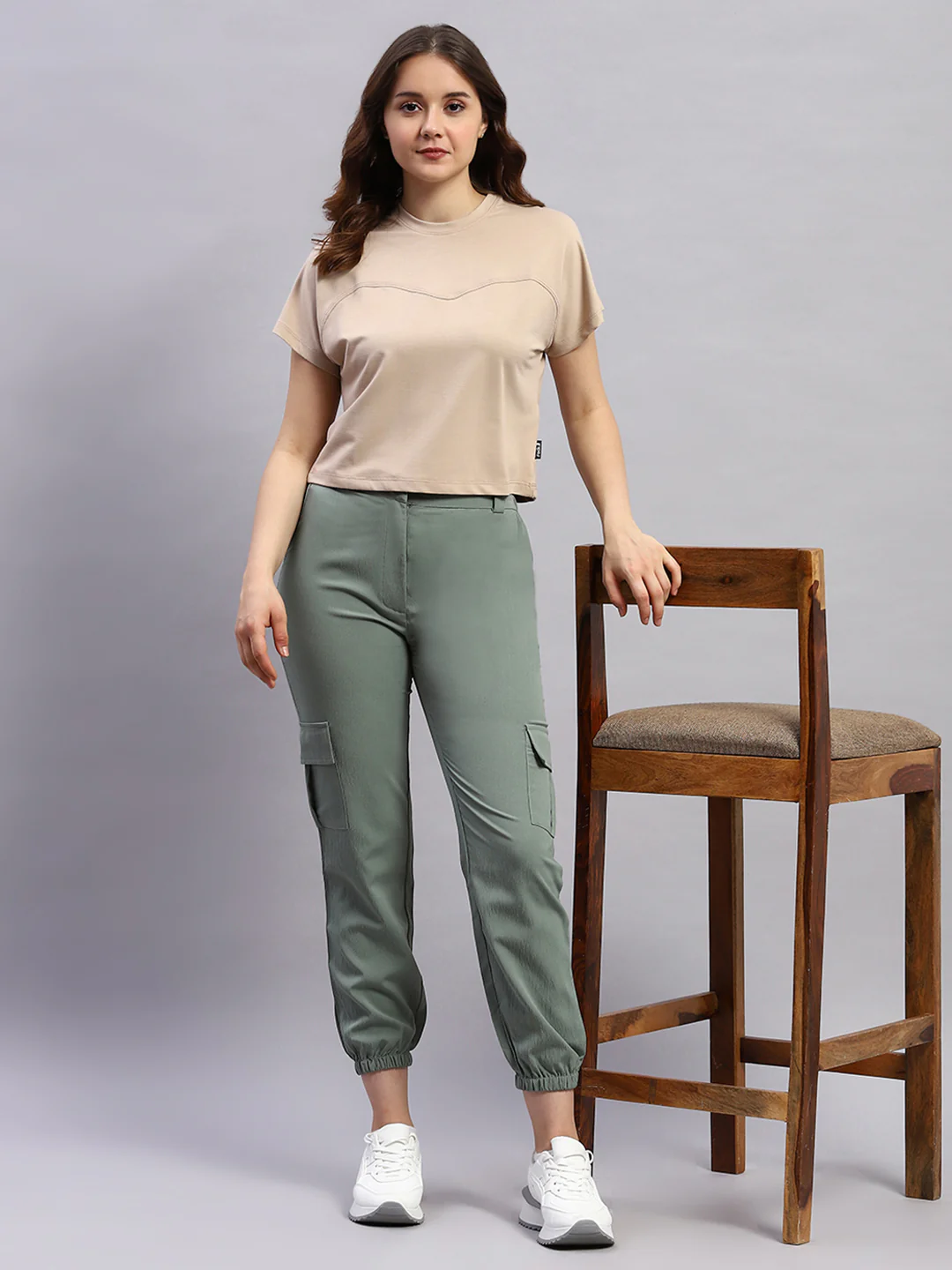 Rock.it Women Beige Solid Round Neck Half Sleeve Top - Image 2