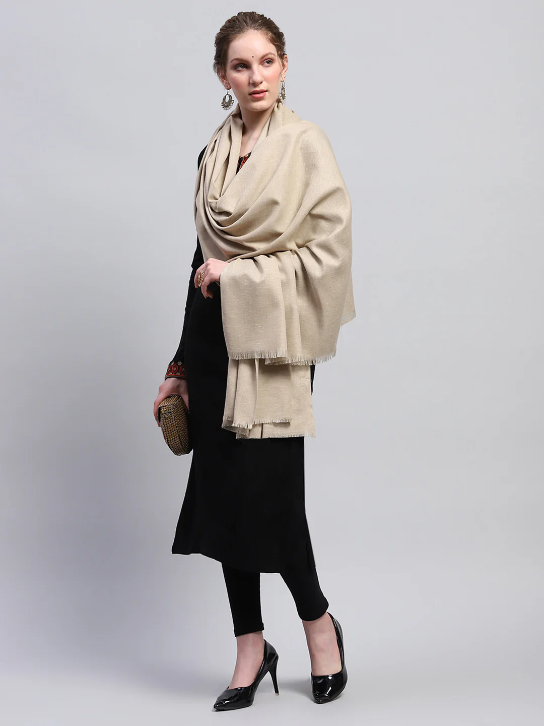 Women Beige Solid Shawl - Image 5