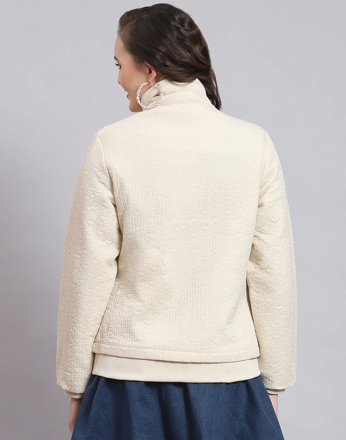 Women Beige Solid Stand Collar Full Sleeve Jacket - Image 6