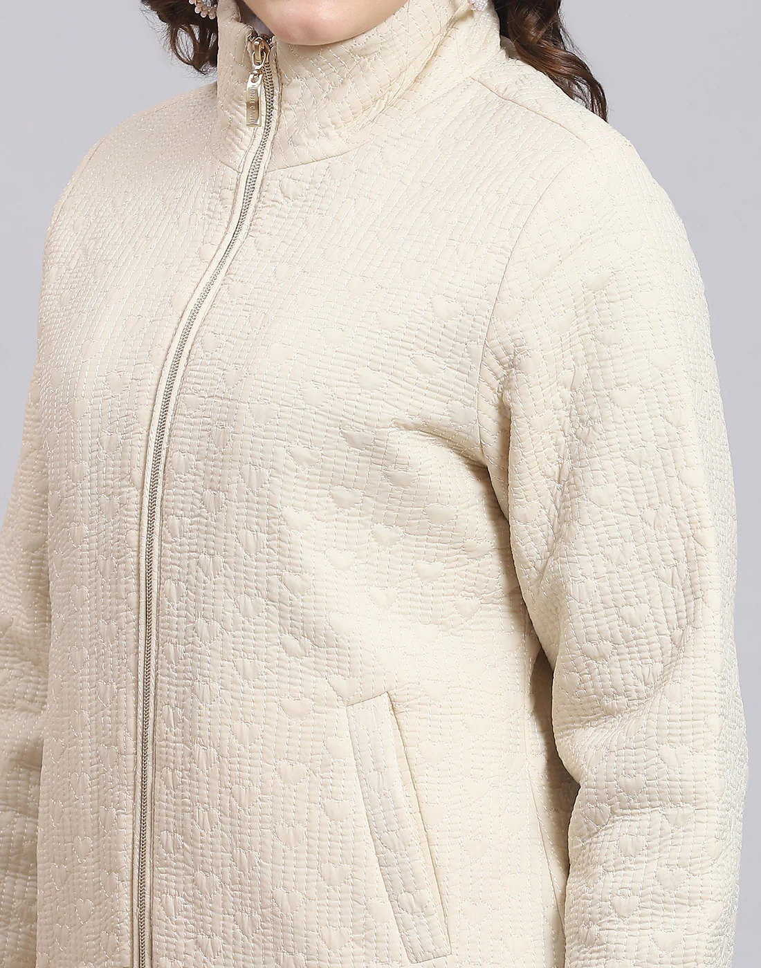 Women Beige Solid Stand Collar Full Sleeve Jacket - Image 7
