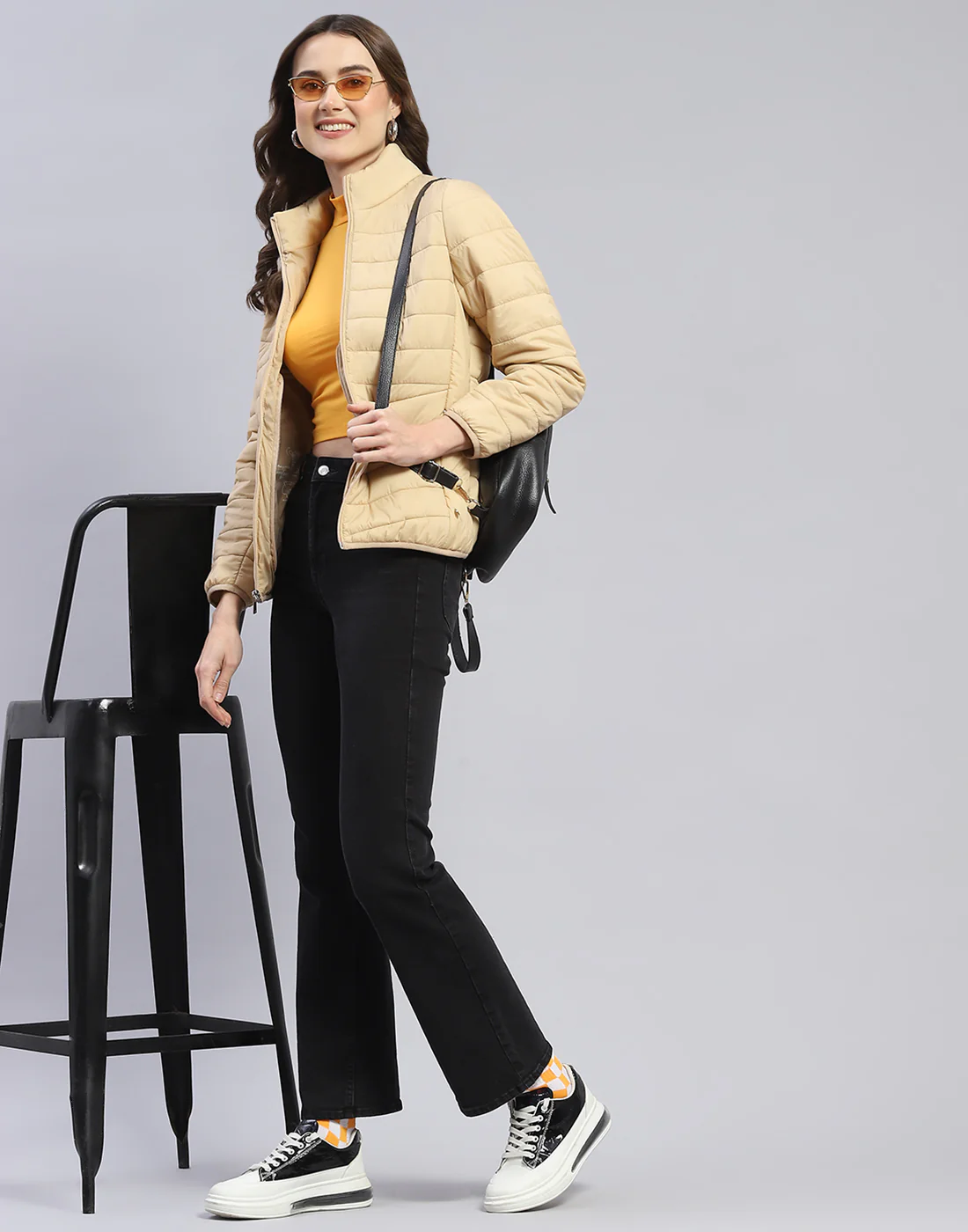 Women Beige Solid Stand Collar Full Sleeve Jacket - Image 2