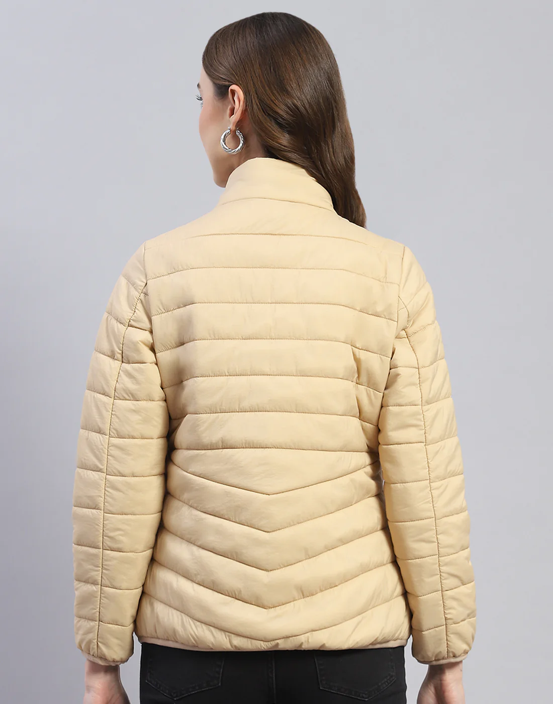 Women Beige Solid Stand Collar Full Sleeve Jacket - Image 5