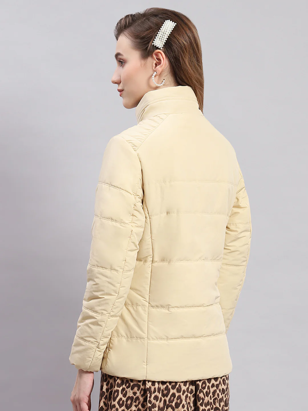 Women Beige Solid Stand Collar Full Sleeve Jackets - Image 5
