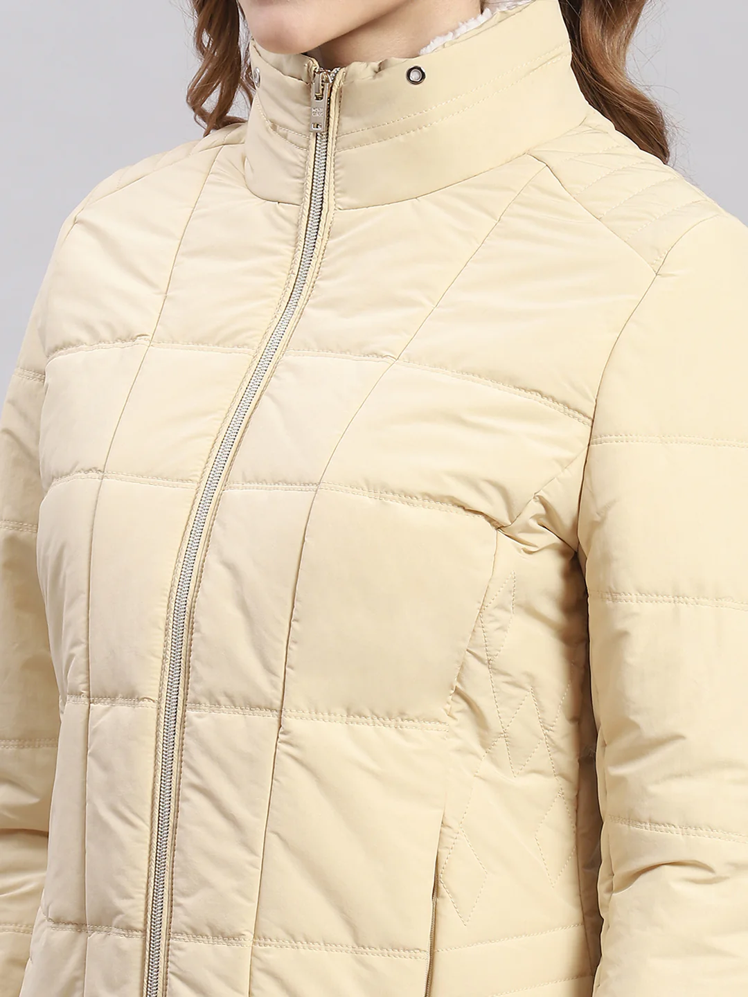 Women Beige Solid Stand Collar Full Sleeve Jackets - Image 6