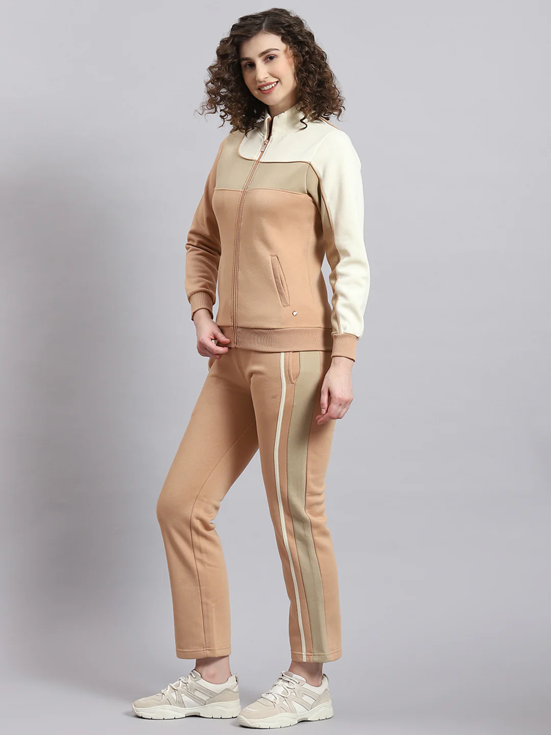 Women Beige Solid Stand Collar Full Sleeve Tracksuit - Image 2