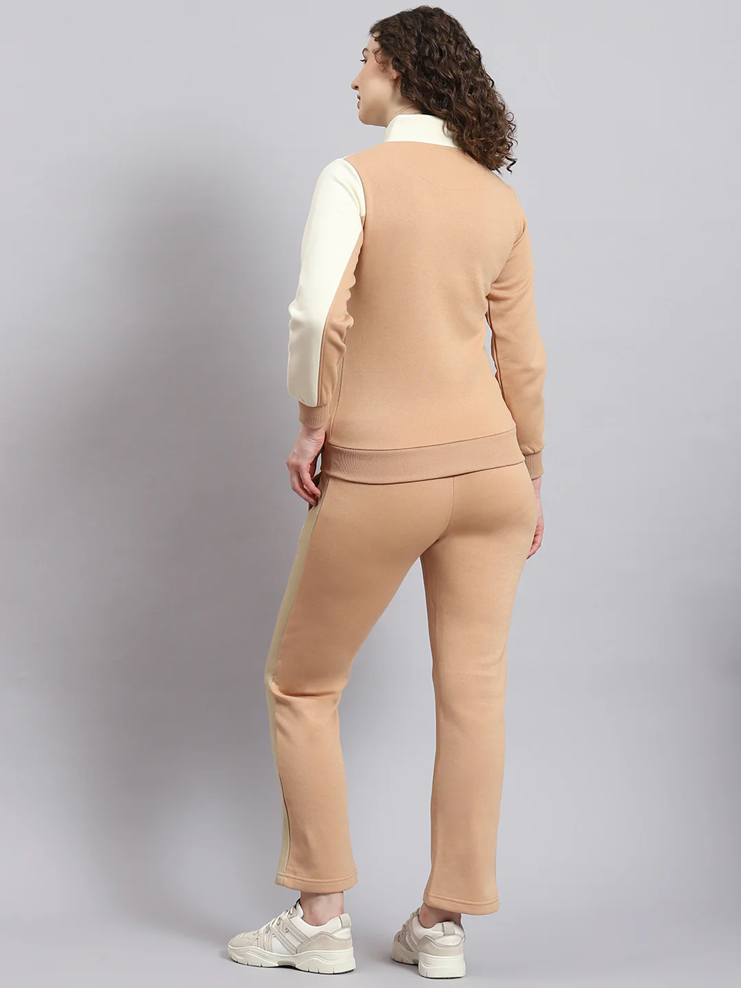 Women Beige Solid Stand Collar Full Sleeve Tracksuit - Image 4