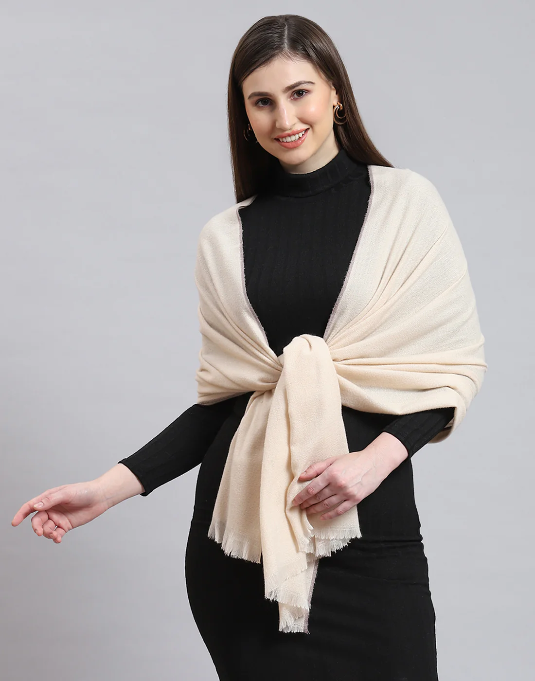 Women Beige Solid Stole - Image 3