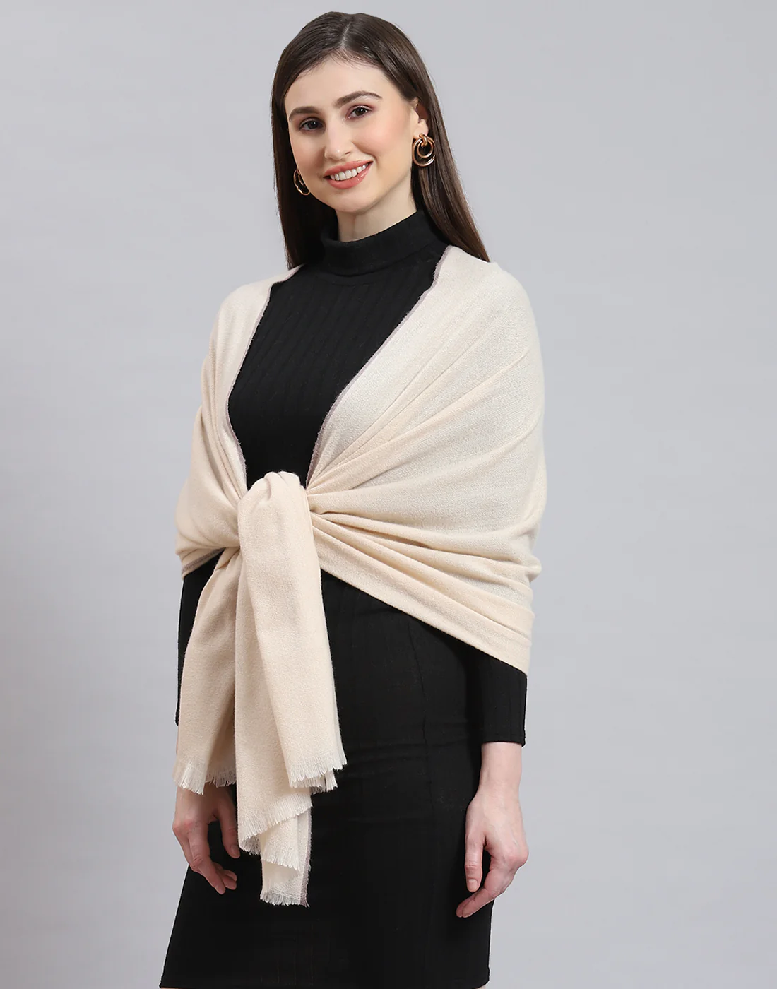 Women Beige Solid Stole - Image 4