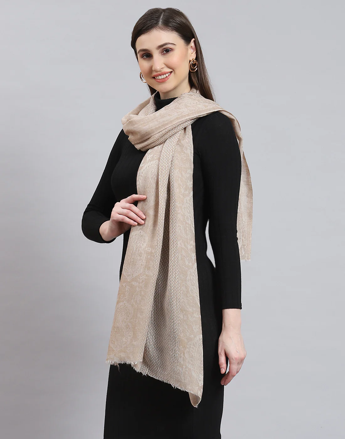 Women Beige Solid Stole - Image 3