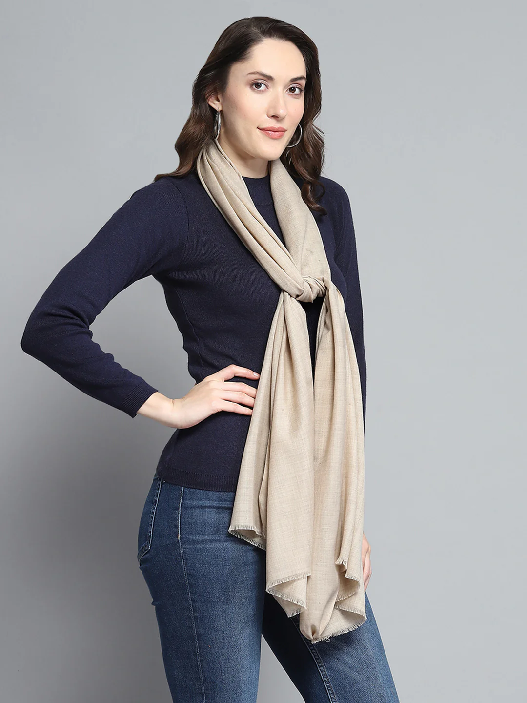 Women Beige Solid Stole - Image 5