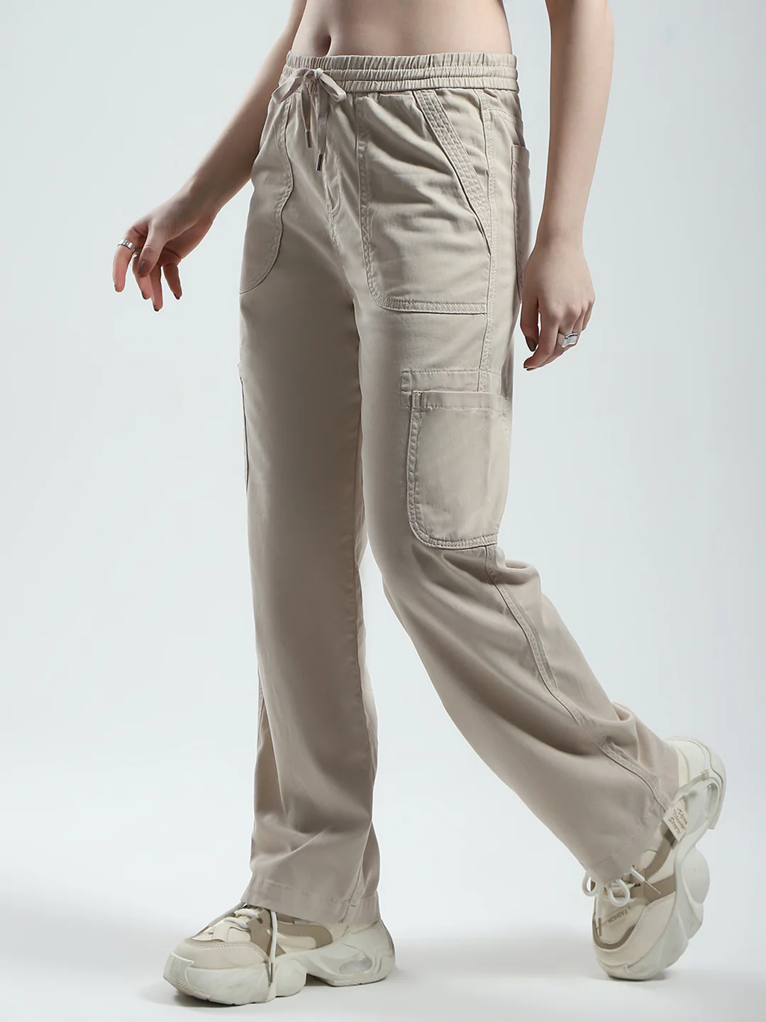 Women Beige Solid Straight Fit Cargo - Image 3