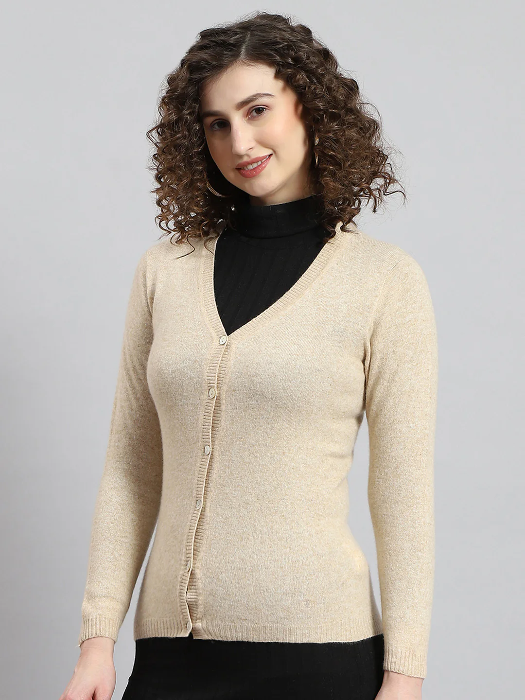 Women Beige Solid V Neck Full Sleeve Cardigan - Image 2