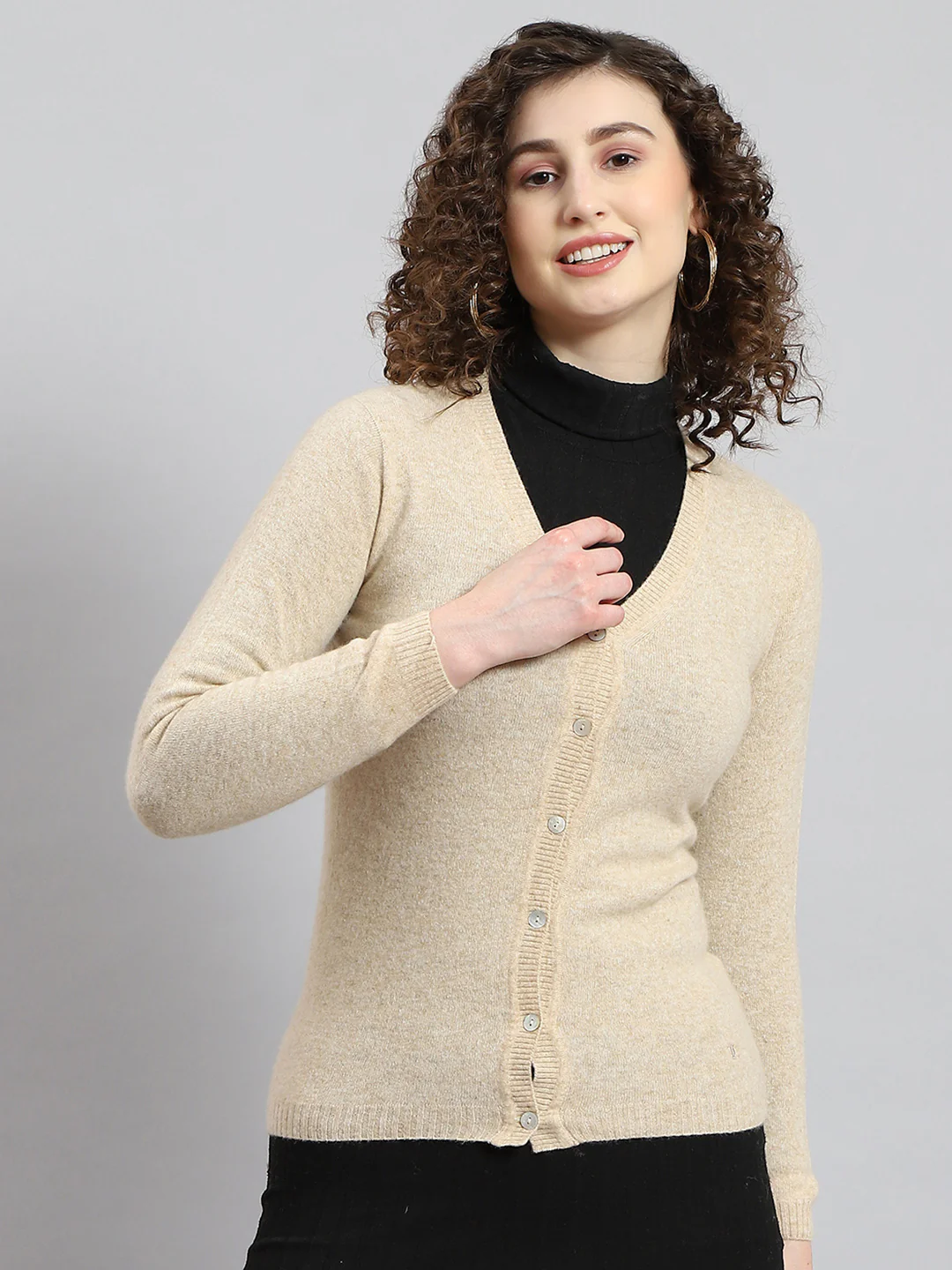 Women Beige Solid V Neck Full Sleeve Cardigan - Image 5
