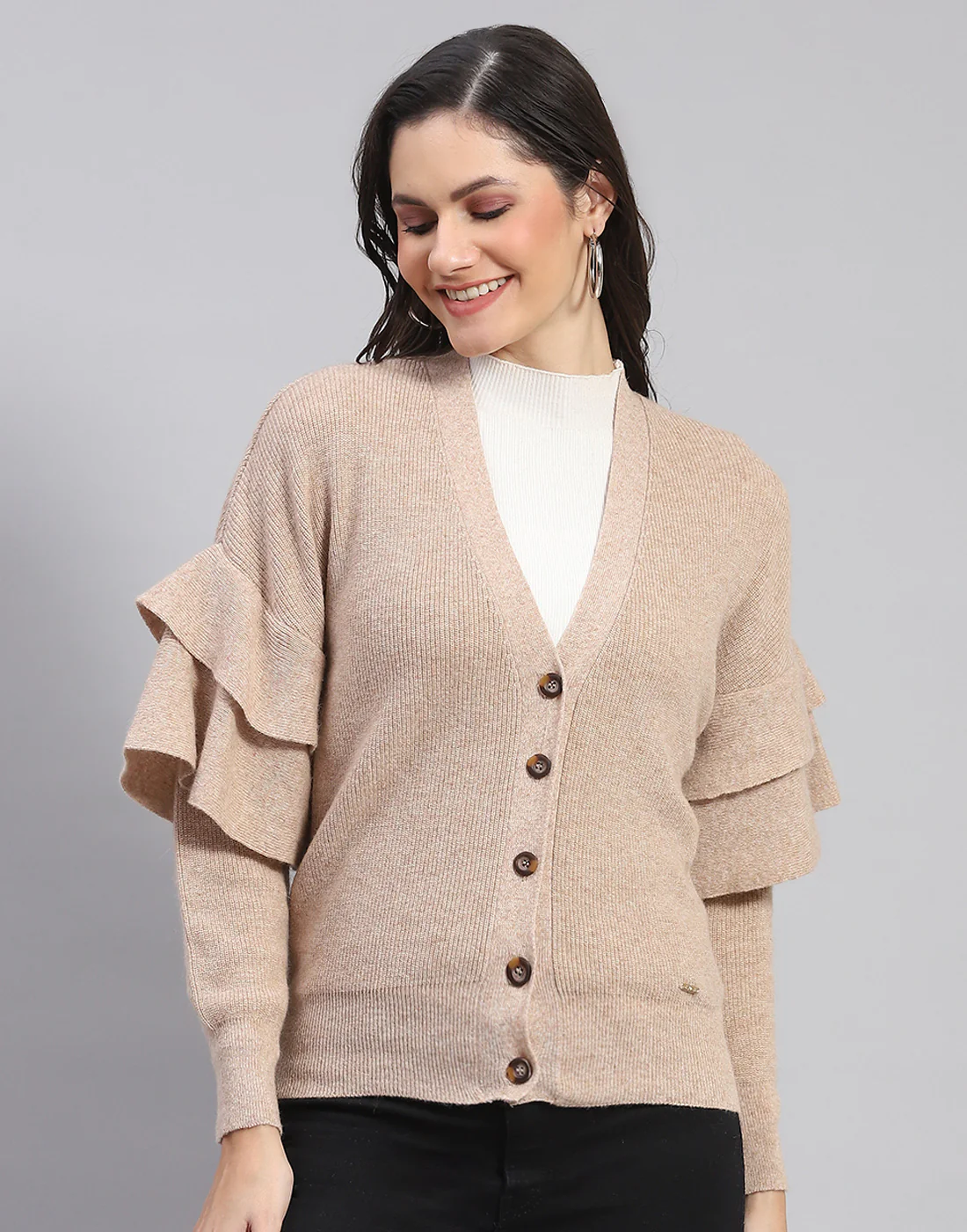 Women Beige Solid V Neck Full Sleeve Cardigan - Image 2