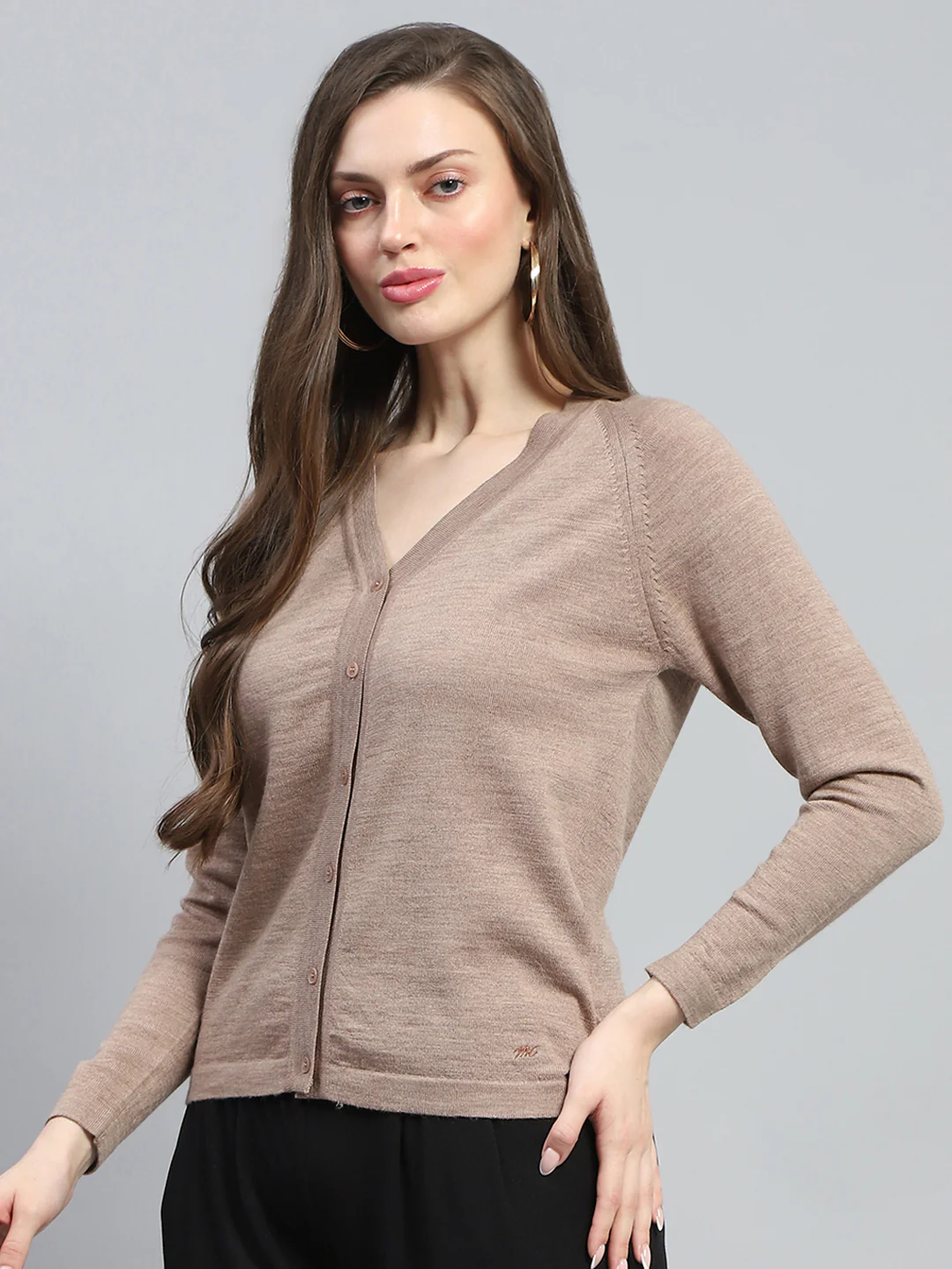 Women Beige Solid V Neck Full Sleeve Cardigan - Image 3