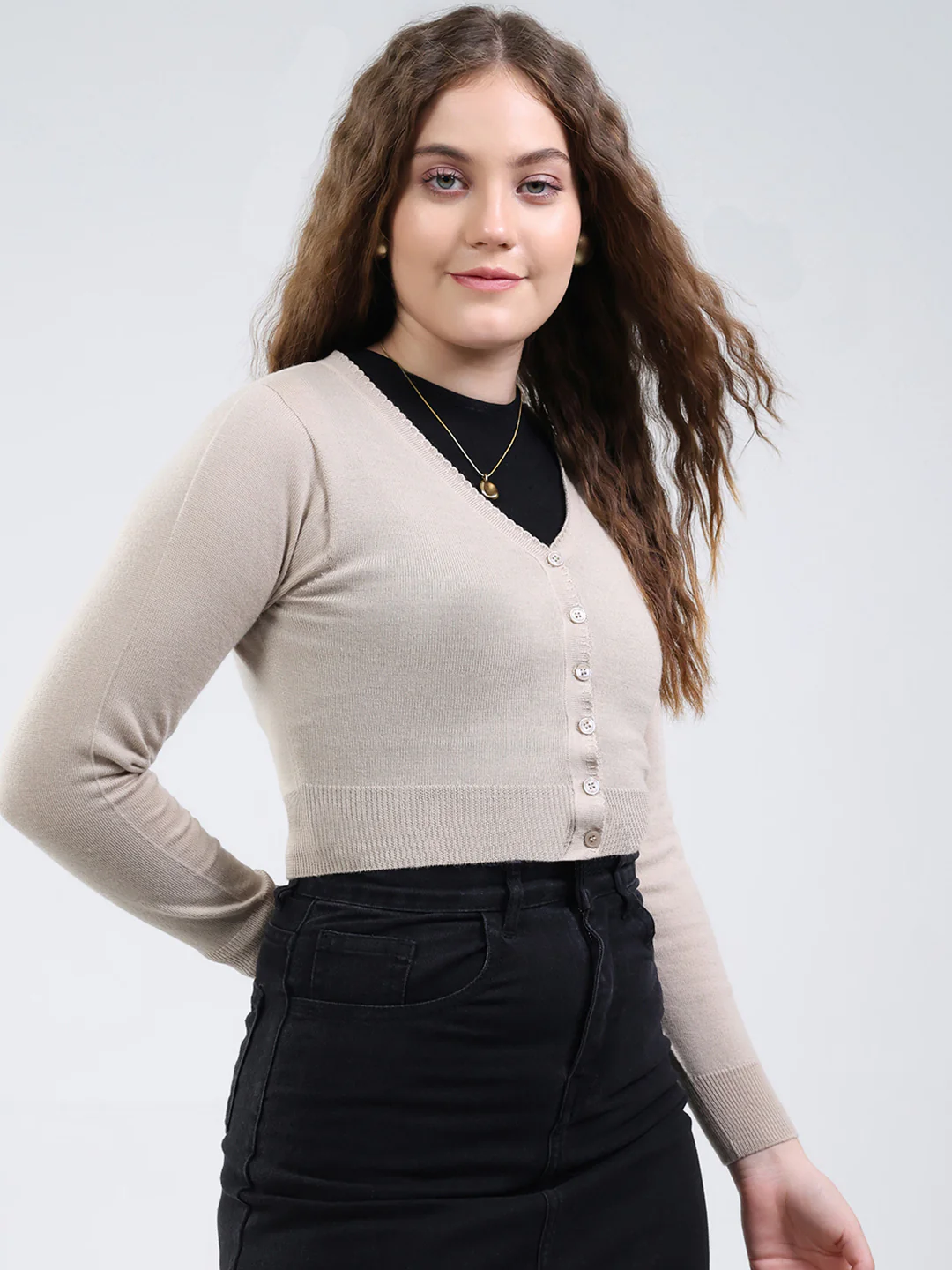 Women Beige Solid V Neck Full Sleeve Cardigan - Image 4