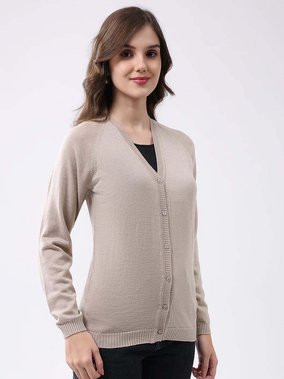 Women Beige Solid V Neck Full Sleeve Cardigan - Image 4