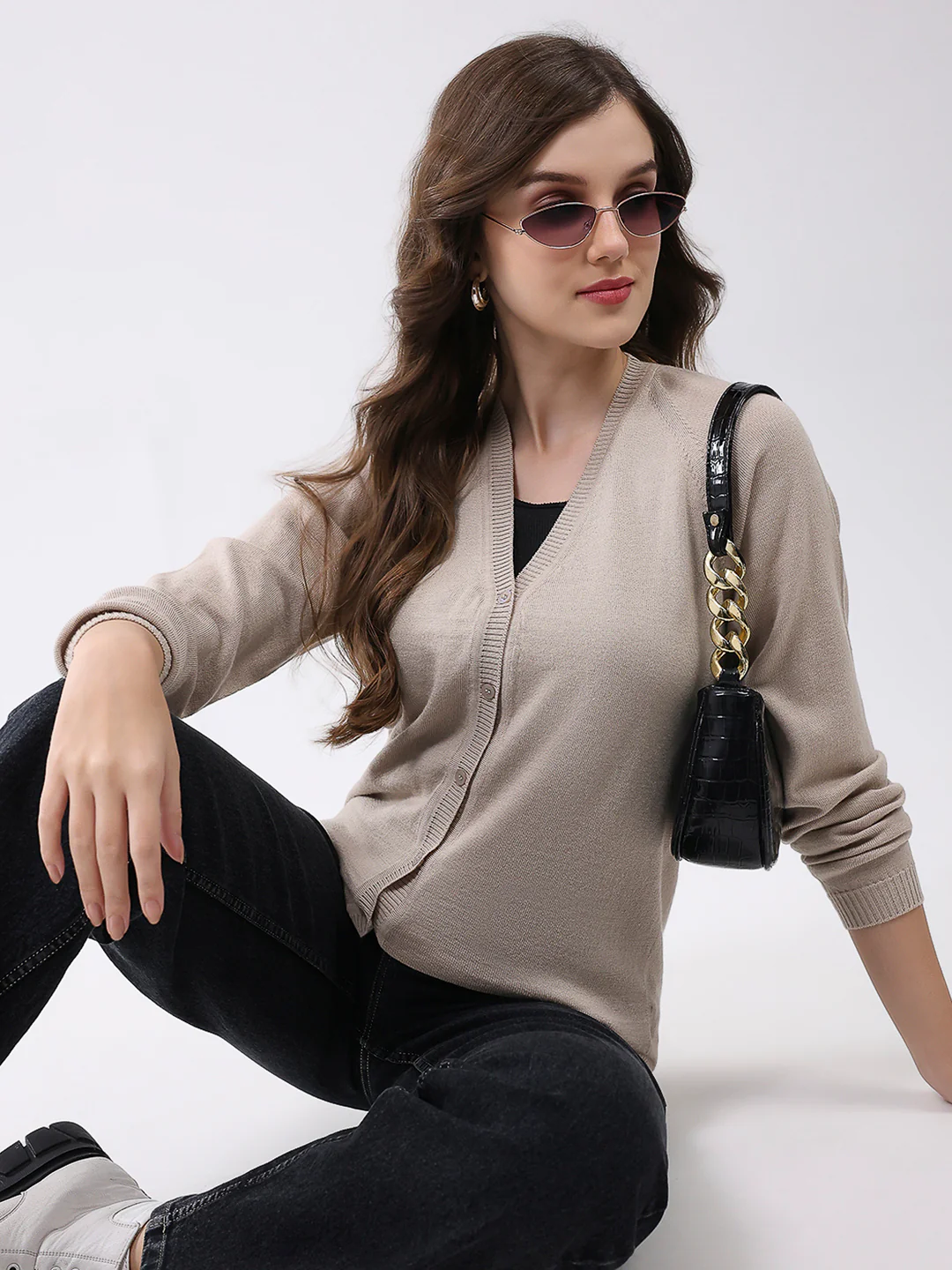 Women Beige Solid V Neck Full Sleeve Cardigan - Image 6