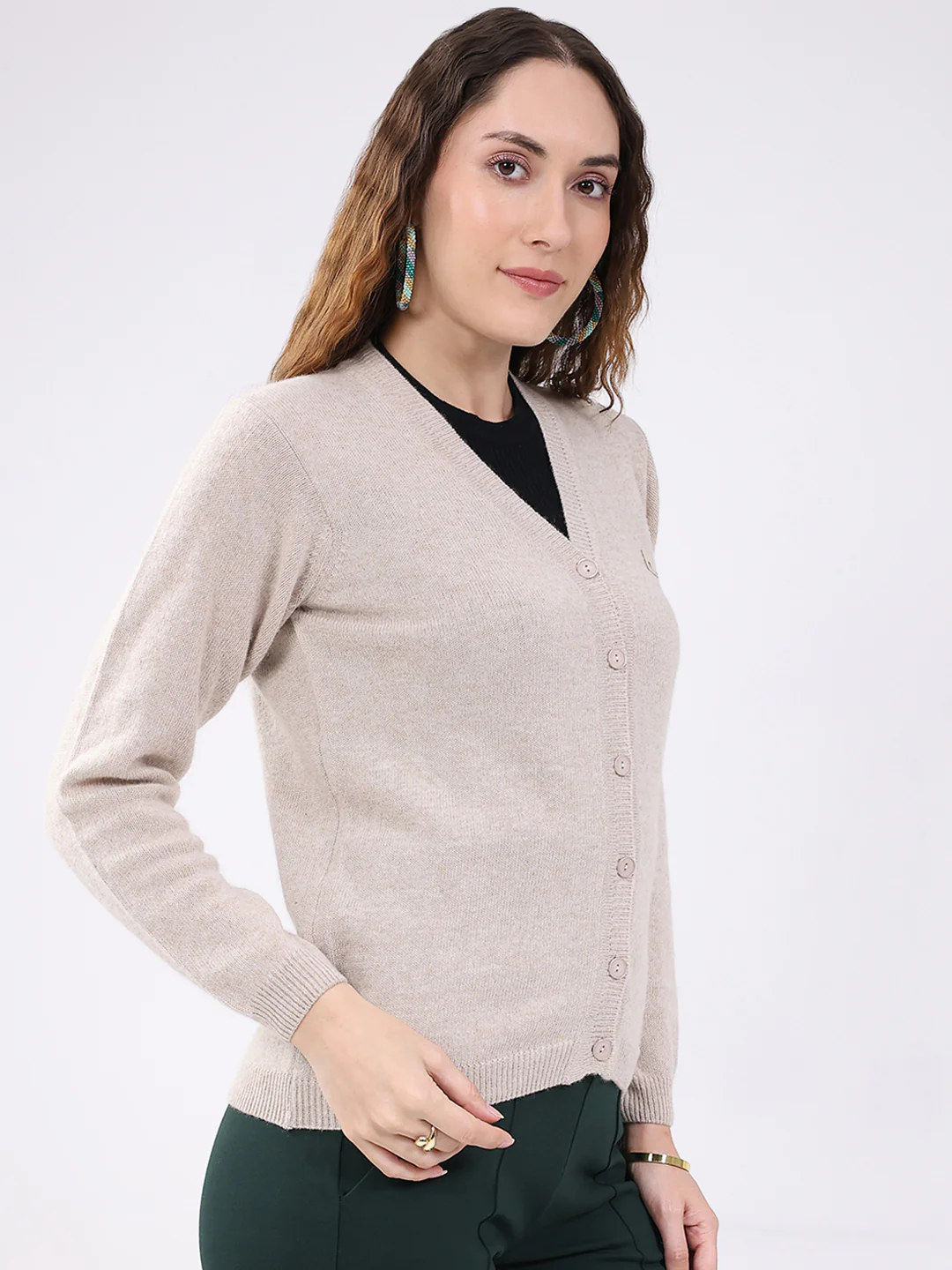 Women Beige Solid V Neck Full Sleeve Cardigan - Image 4