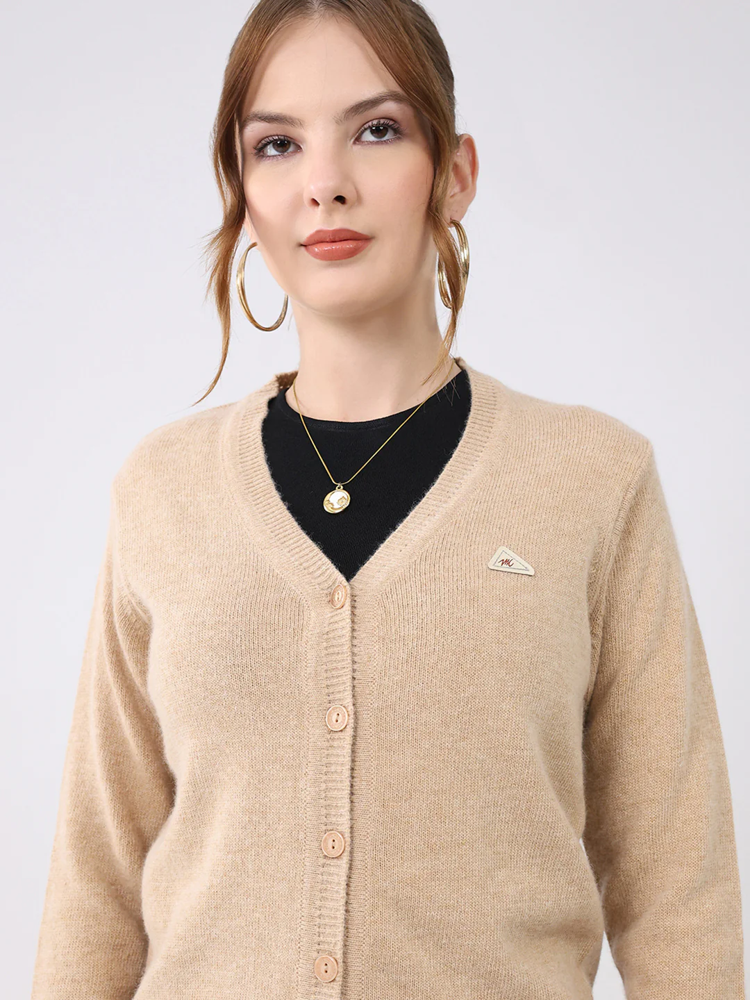 Women Beige Solid V Neck Full Sleeve Cardigan - Image 6