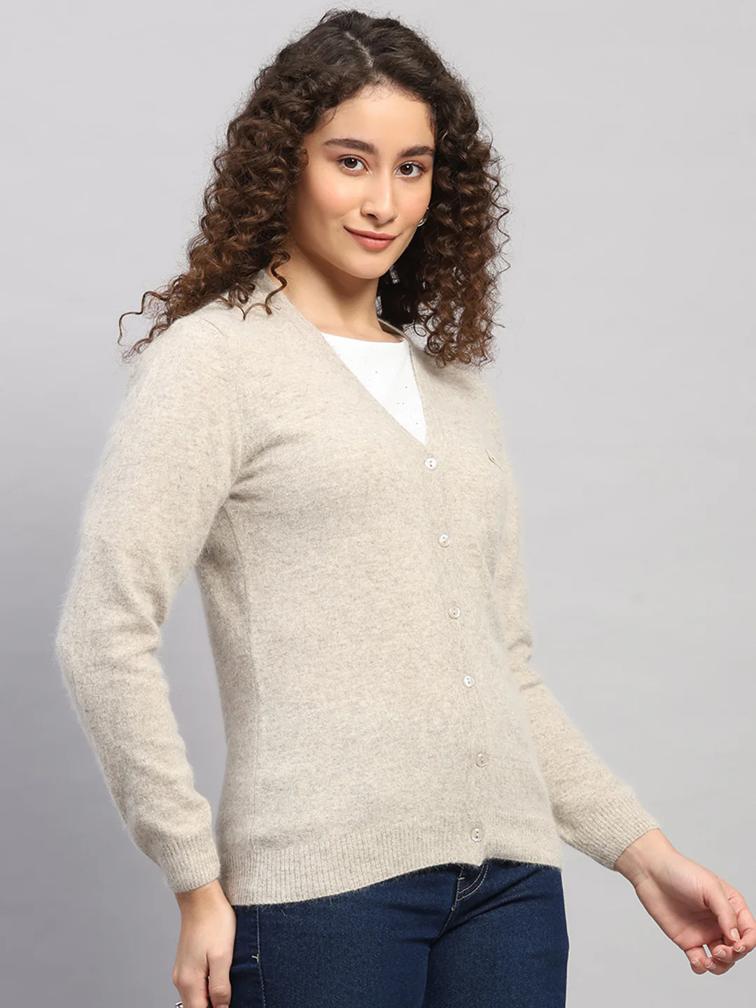 Women Beige Solid V Neck Full Sleeve Cardigan - Image 4