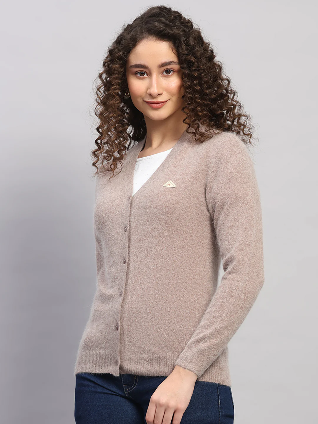 Women Beige Solid V Neck Full Sleeve Cardigan - Image 3